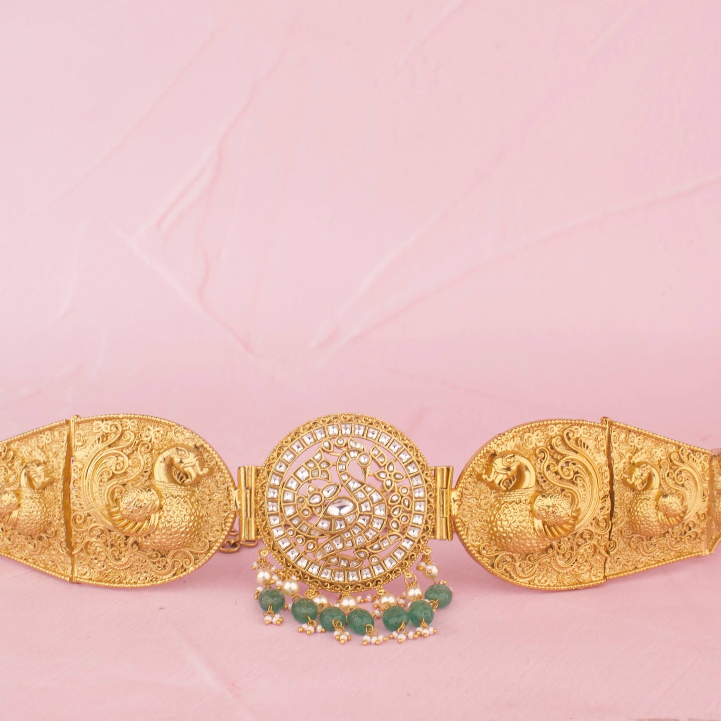 Temple Peacock Vaddanam Hip Belt With Pearls And Green Beads