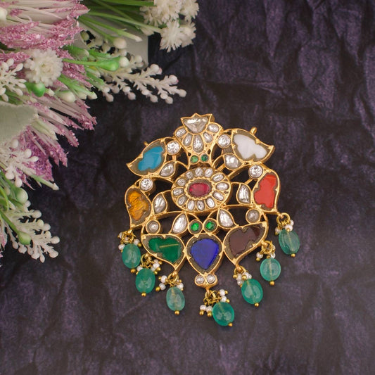 Gold Inspired Navratna Jadau Kundan Locket