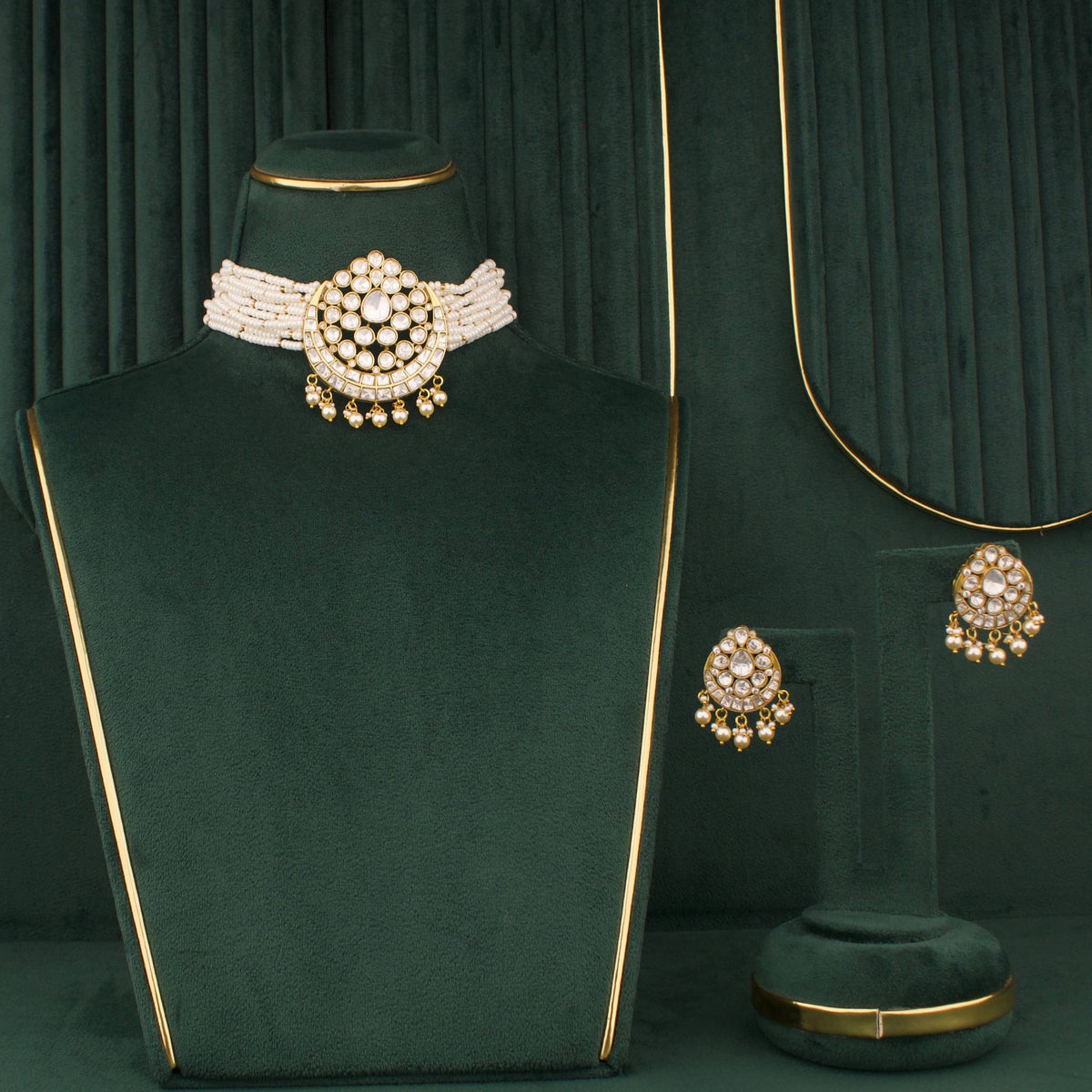 Moissanite Polki Pearl Choker Necklace Set With Matching Earrings