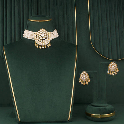 Moissanite Polki Pearl Choker Necklace Set With Matching Earrings