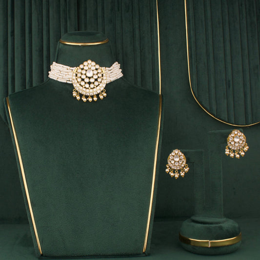 Moissanite Polki Pearl Choker Necklace Set With Matching Earrings - Handcrafted Indian Bridal Jewelry by Dulhan Jewels