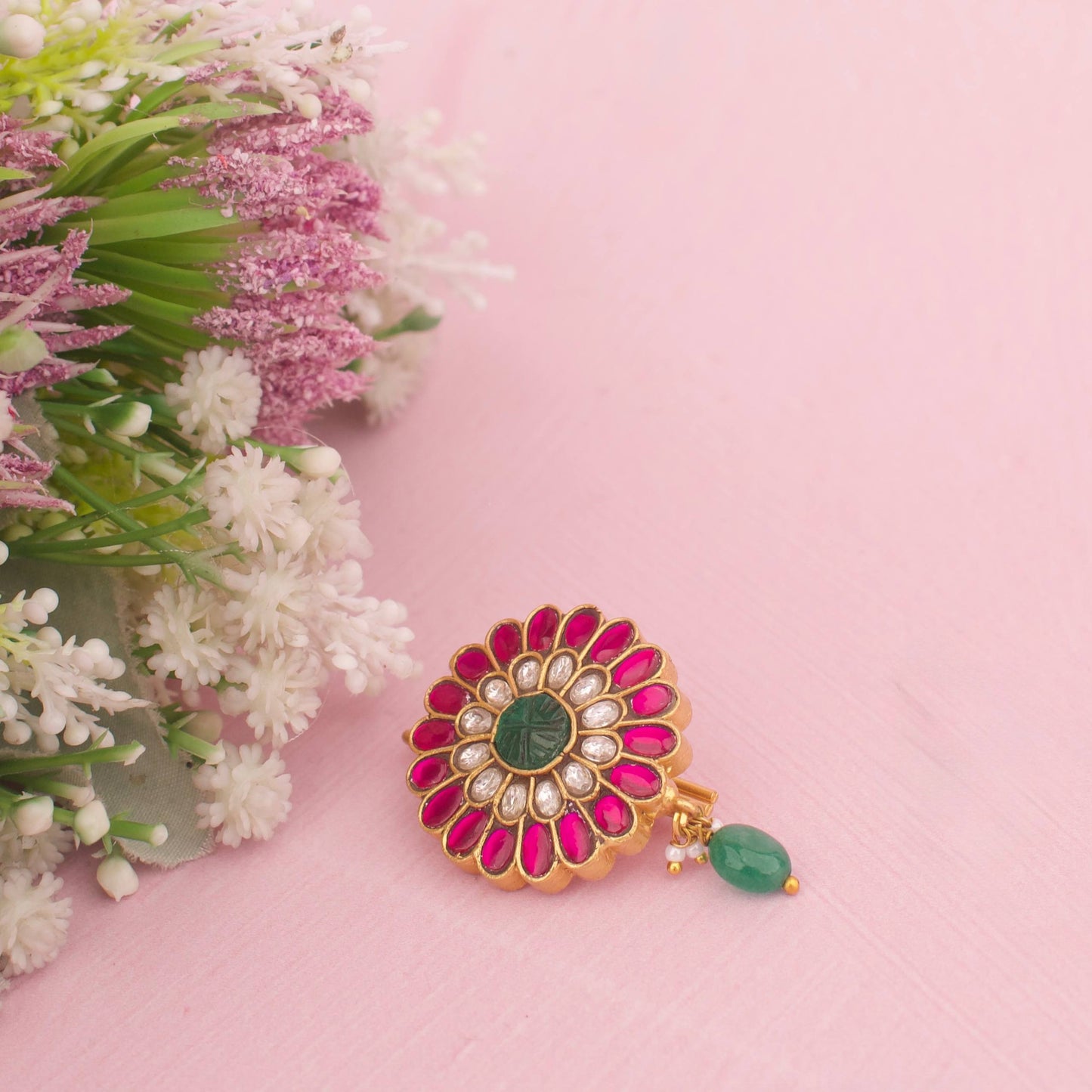 Heirloom Floral Jadau Kundan Hair Pin With Emerald Drop