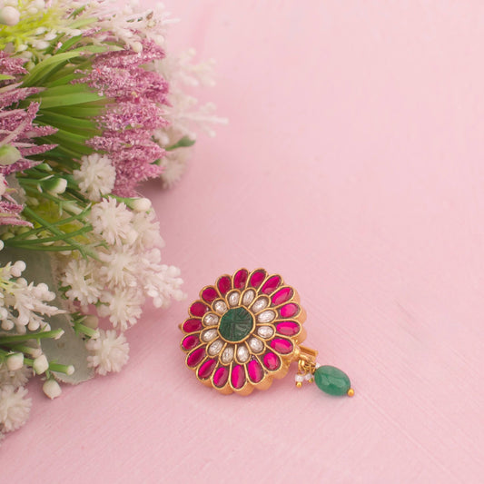 Premium gold Heirloom Floral Jadau Kundan Hair Pin With Emerald Drop adorned with ruby stones,