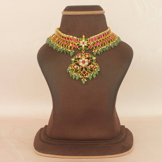 Jadau kundan choker with locket, gold tone, pink stones