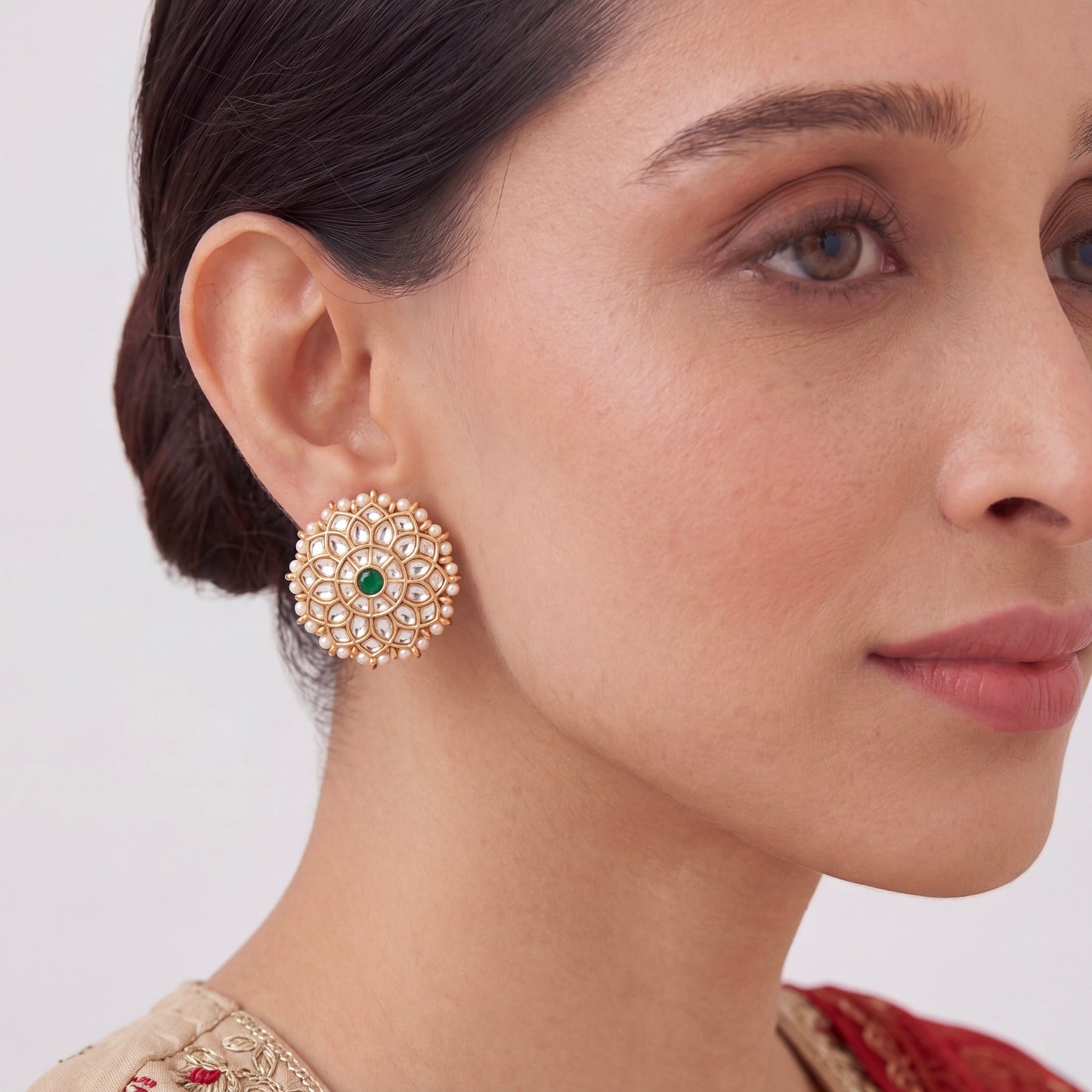 Stylish Jadau Kundan Stud Earrings With Pearl Bordering