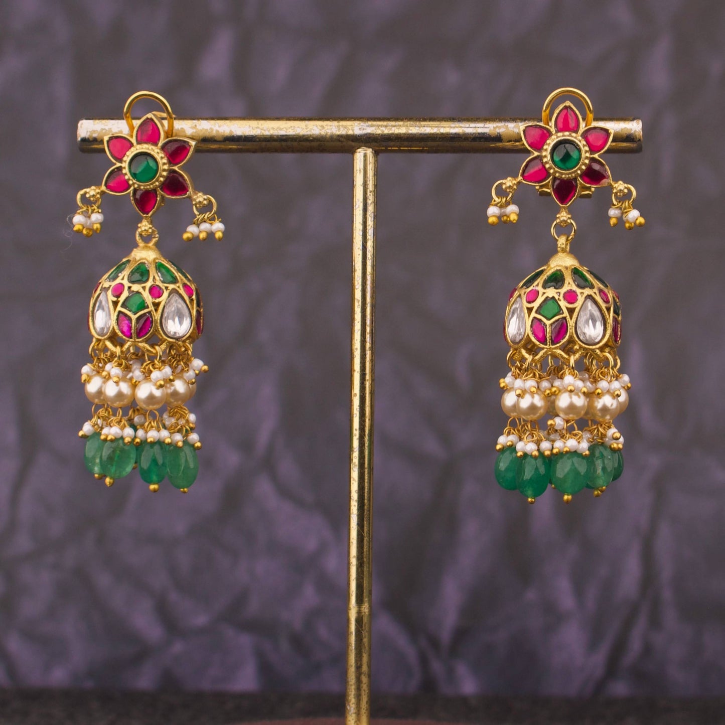 Premium Floral Jadau Kundan Jhumka Earrings With Multi-Layer Pearl Drops