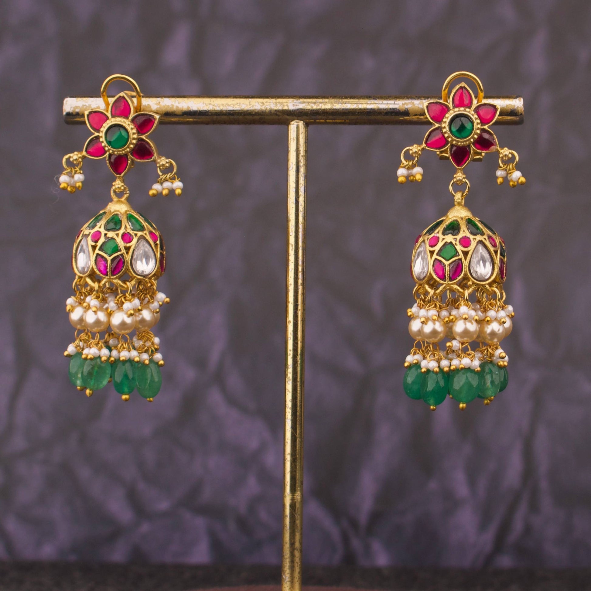 Premium Floral Jadau Kundan Jhumka Earrings With Multi-Layer Pearl Drops
