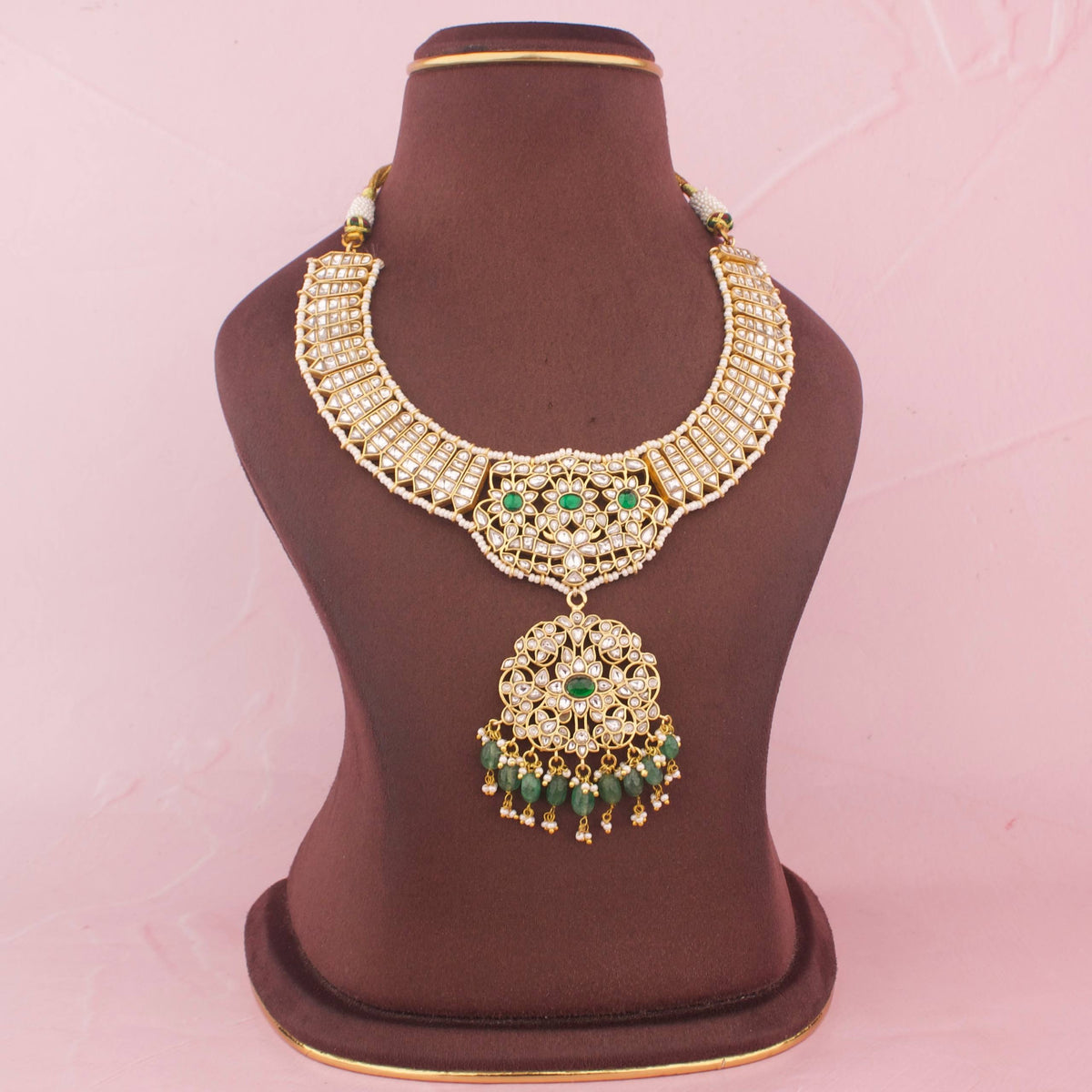 Bridal Jadau Kundan Reversible Necklace With Strawberry Beads Close-up Design & Gemstone Detailing - Dulhan Jewels