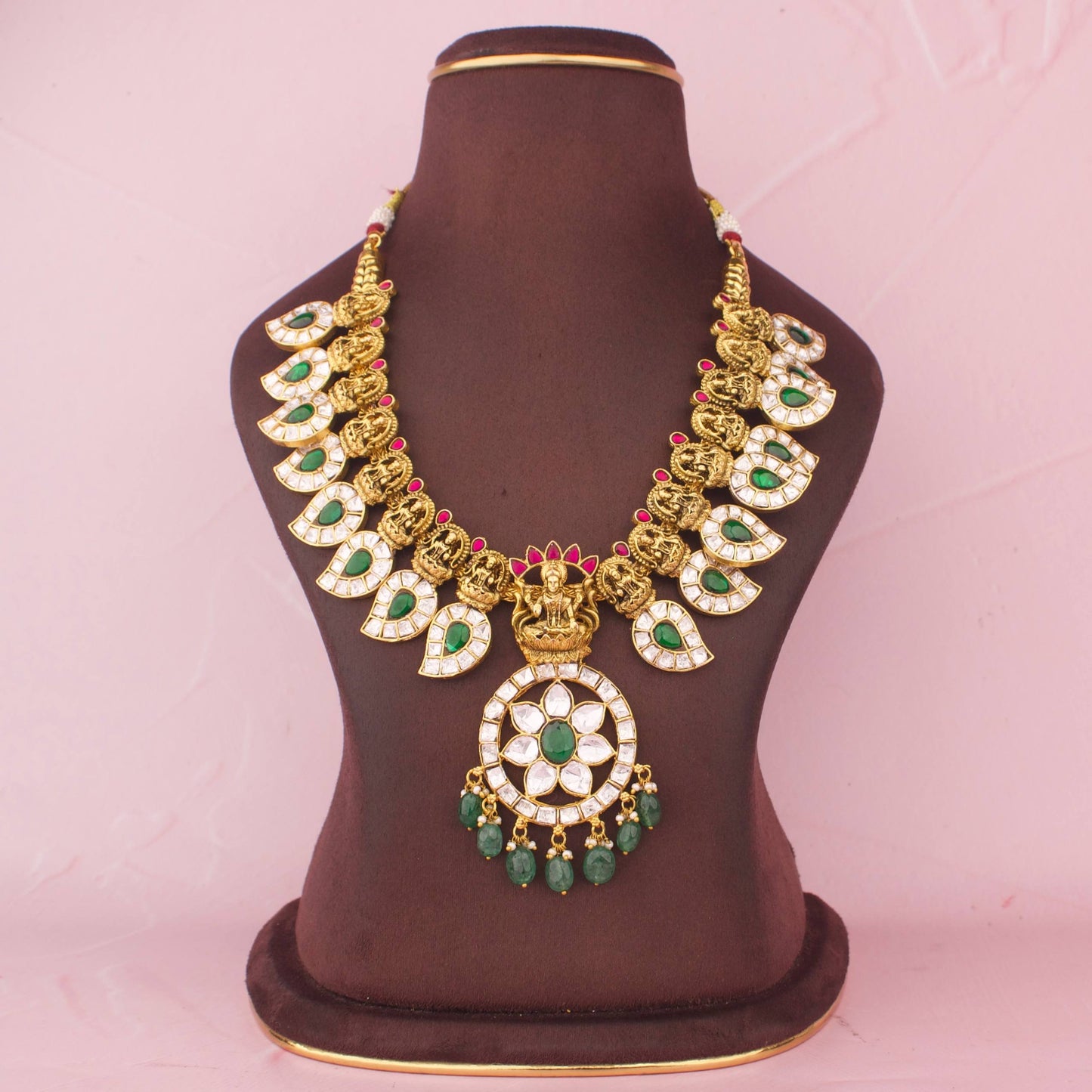 Mahalakshmi Temple Bridal Necklace With Antique Gold Finish And Emerald Drops
