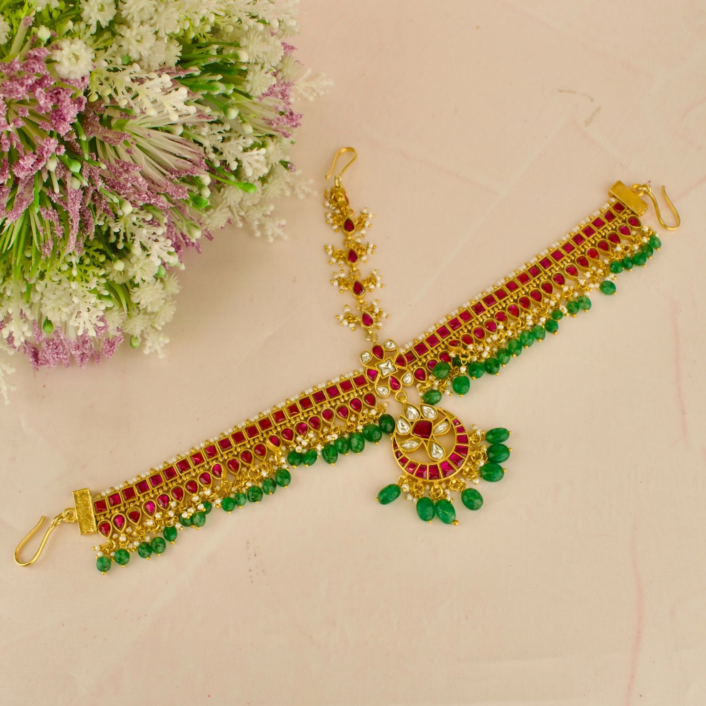 Bridal Chandbali Design Jadau Kundan Mate pati with Green Beads
