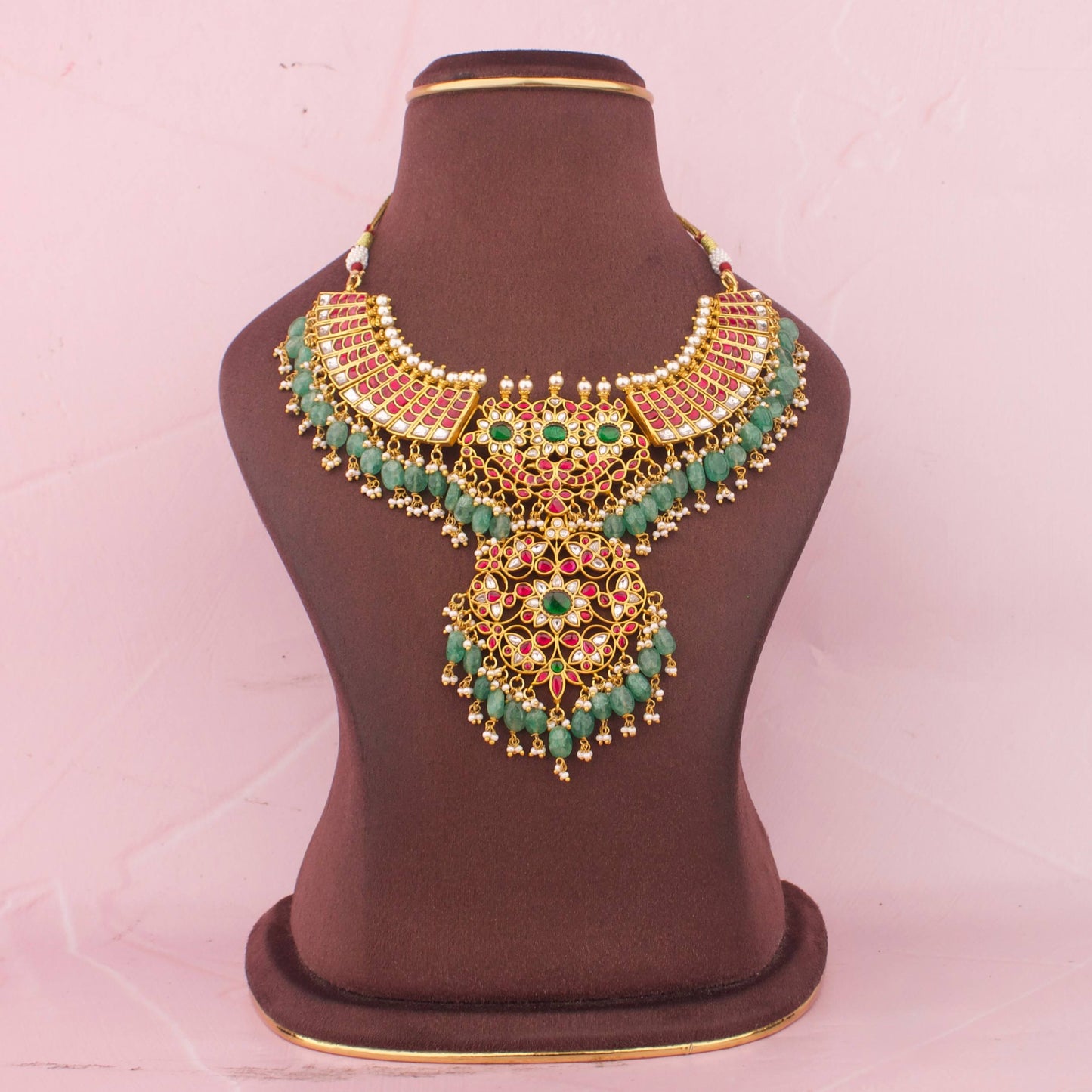 Opulent Jadau Kundan Necklace With Emerald Beads And Statement Locket