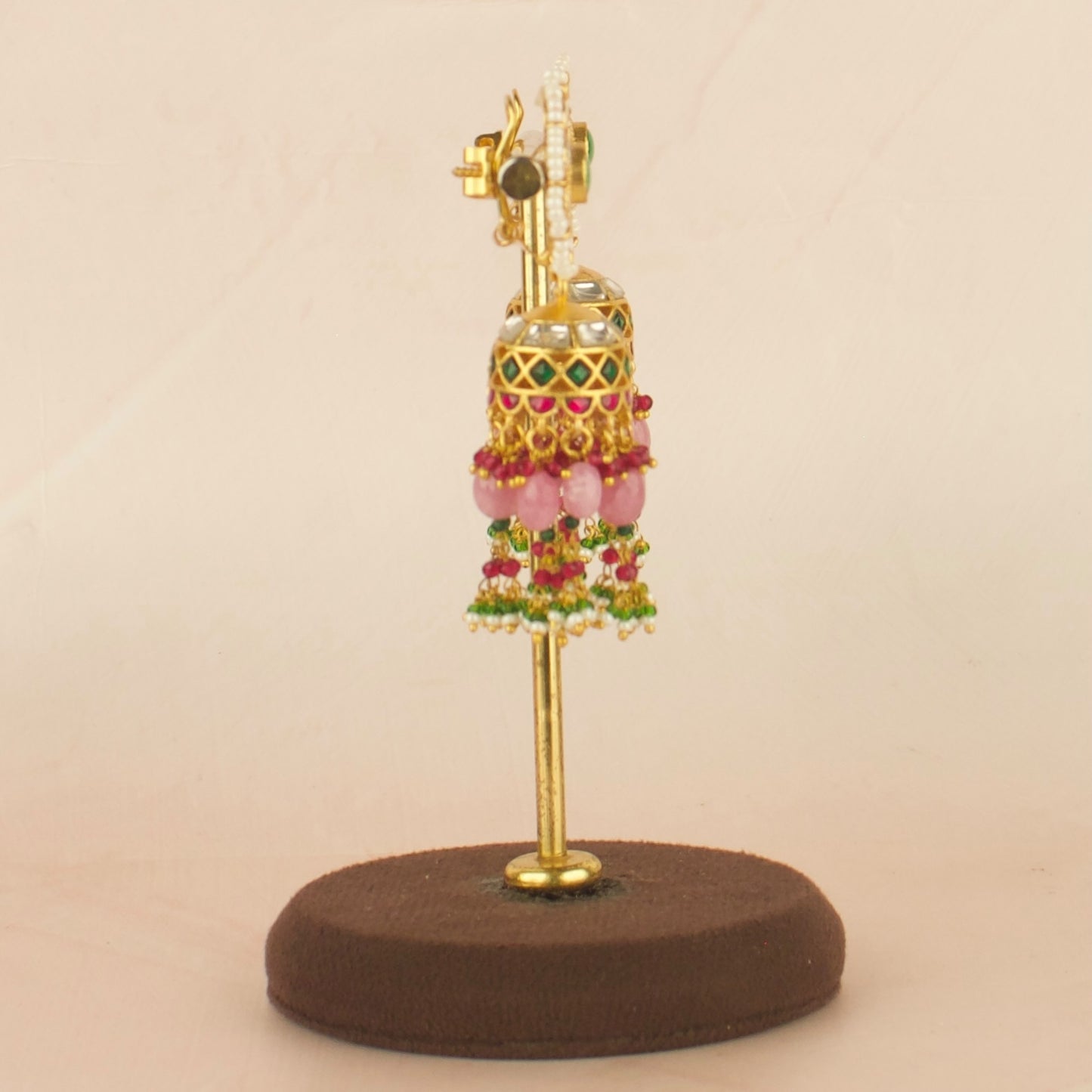 Royal Elegance Floral Design Jadau Kundan Jhumki Pink Beads