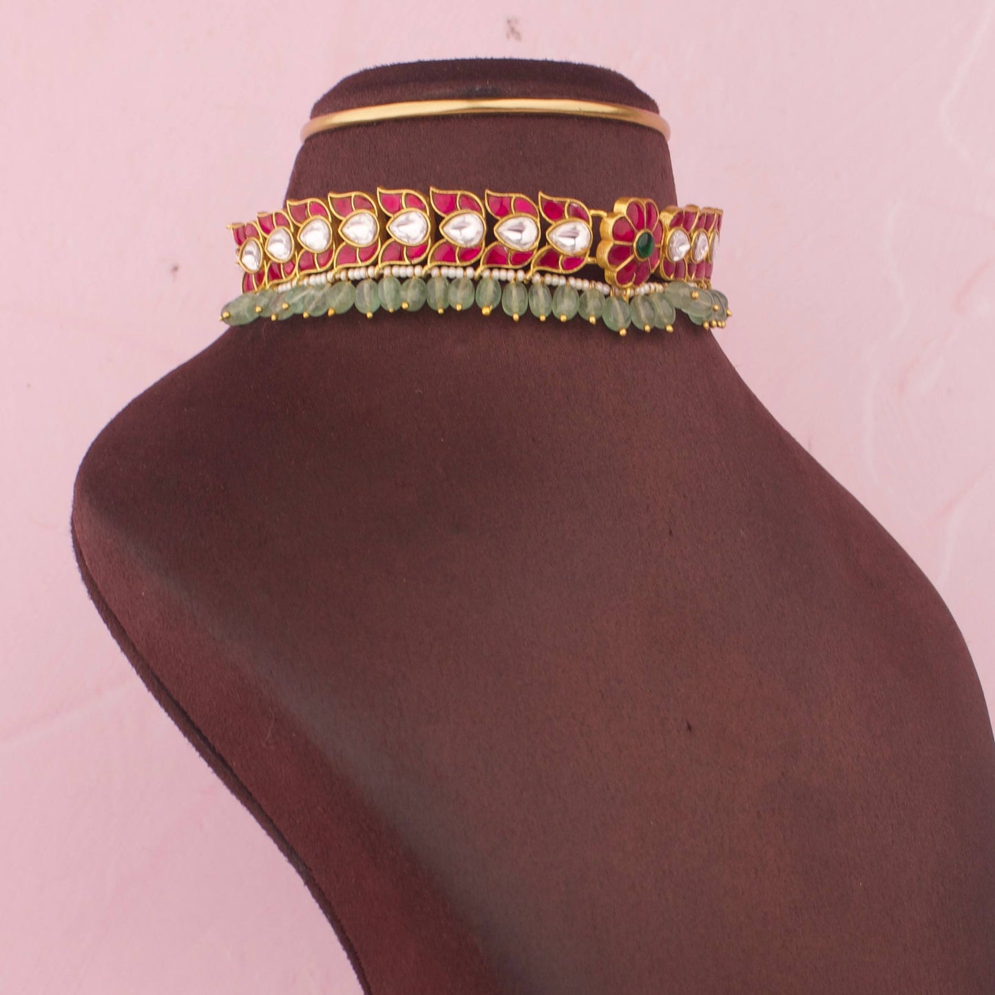 Royal Jadau Kundan Floral Choker With Green Drop Beads