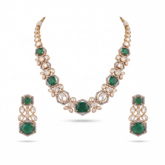 Premium antique gold Antique Victorian Necklace with Polki Kundan Stones and earrings