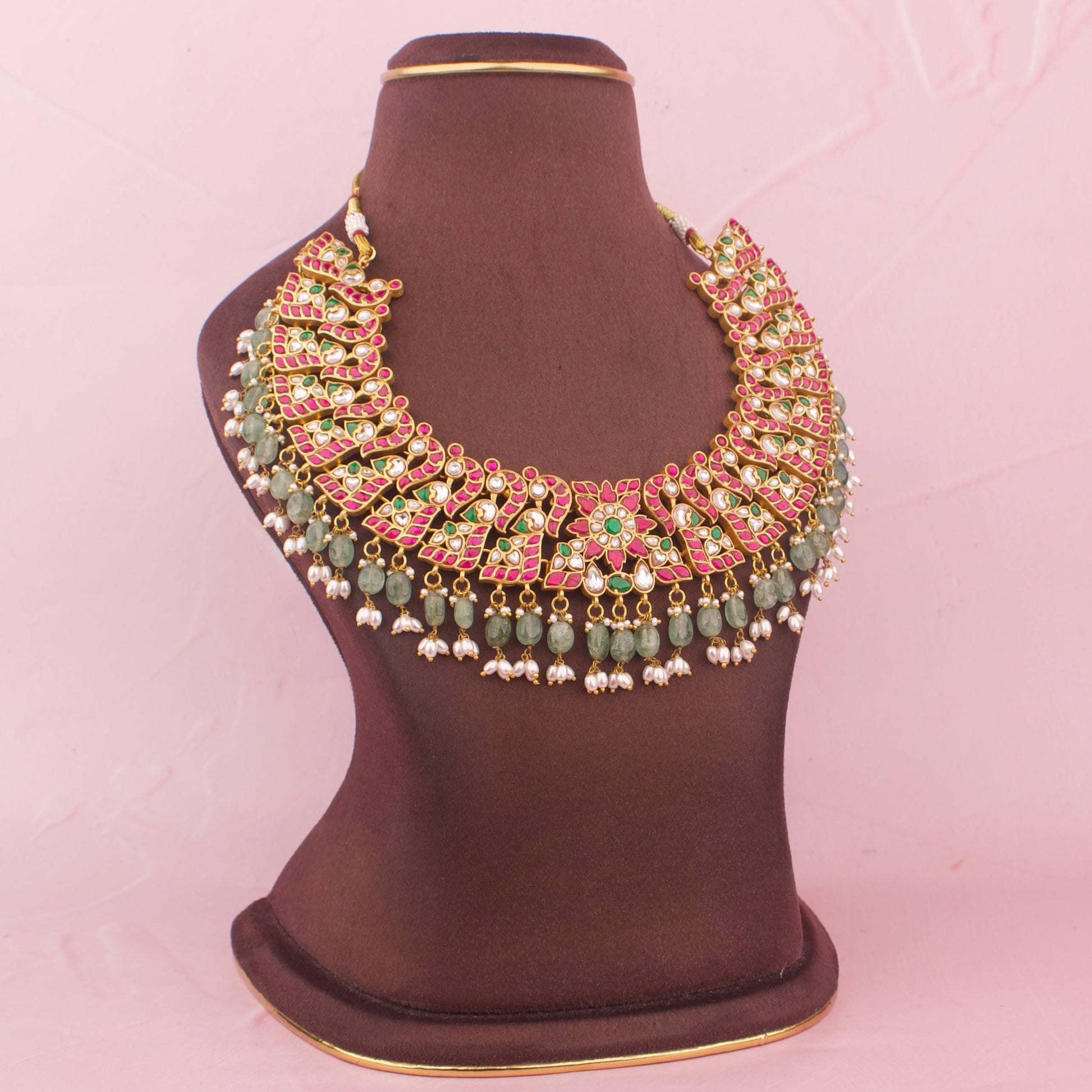 Close-Up Detail View of Bridal Jadau Kundan Peacock Design Necklace | Dulhan Jewels