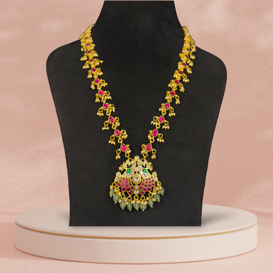 Elegant Gold Plated Long Jadau Kundan Chain Necklace with Peacock Pendant