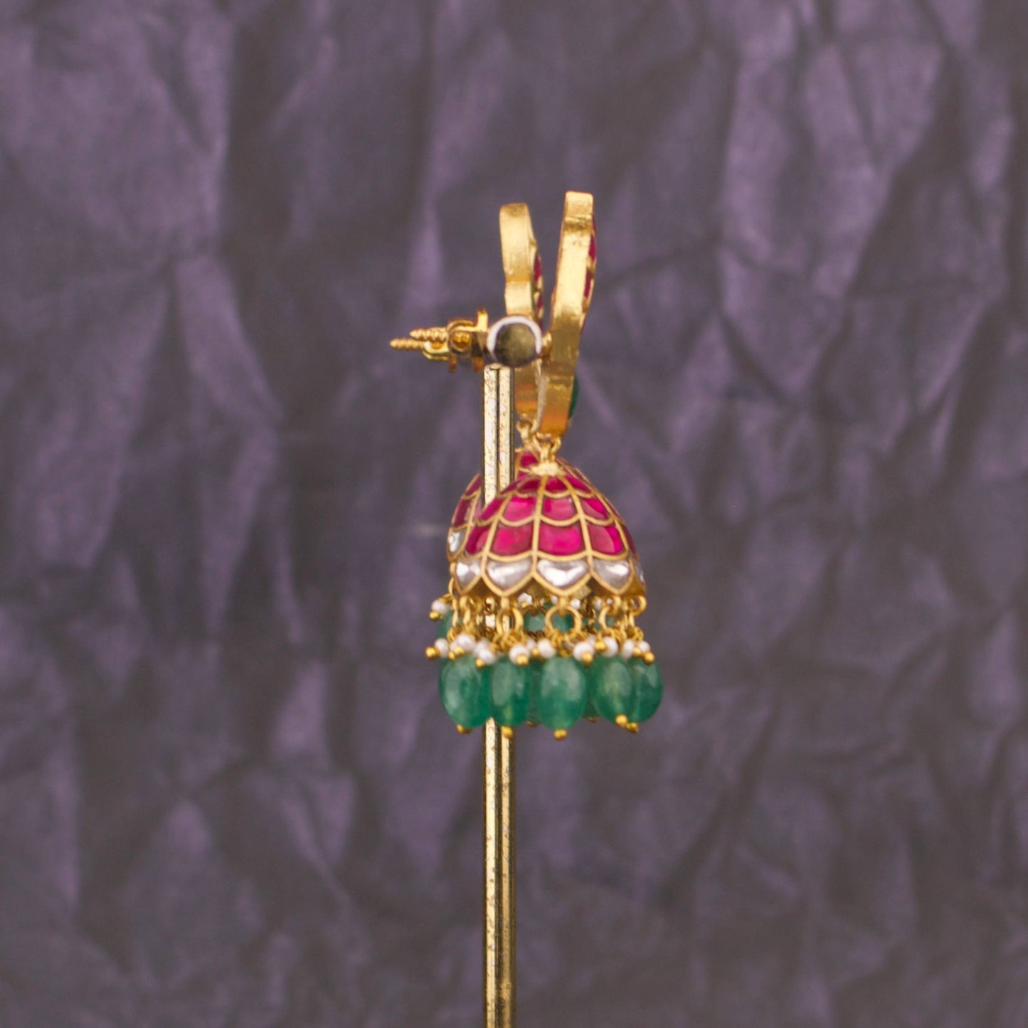 Stylish Jadau Kundan Jhumka Earrings With Green Drops