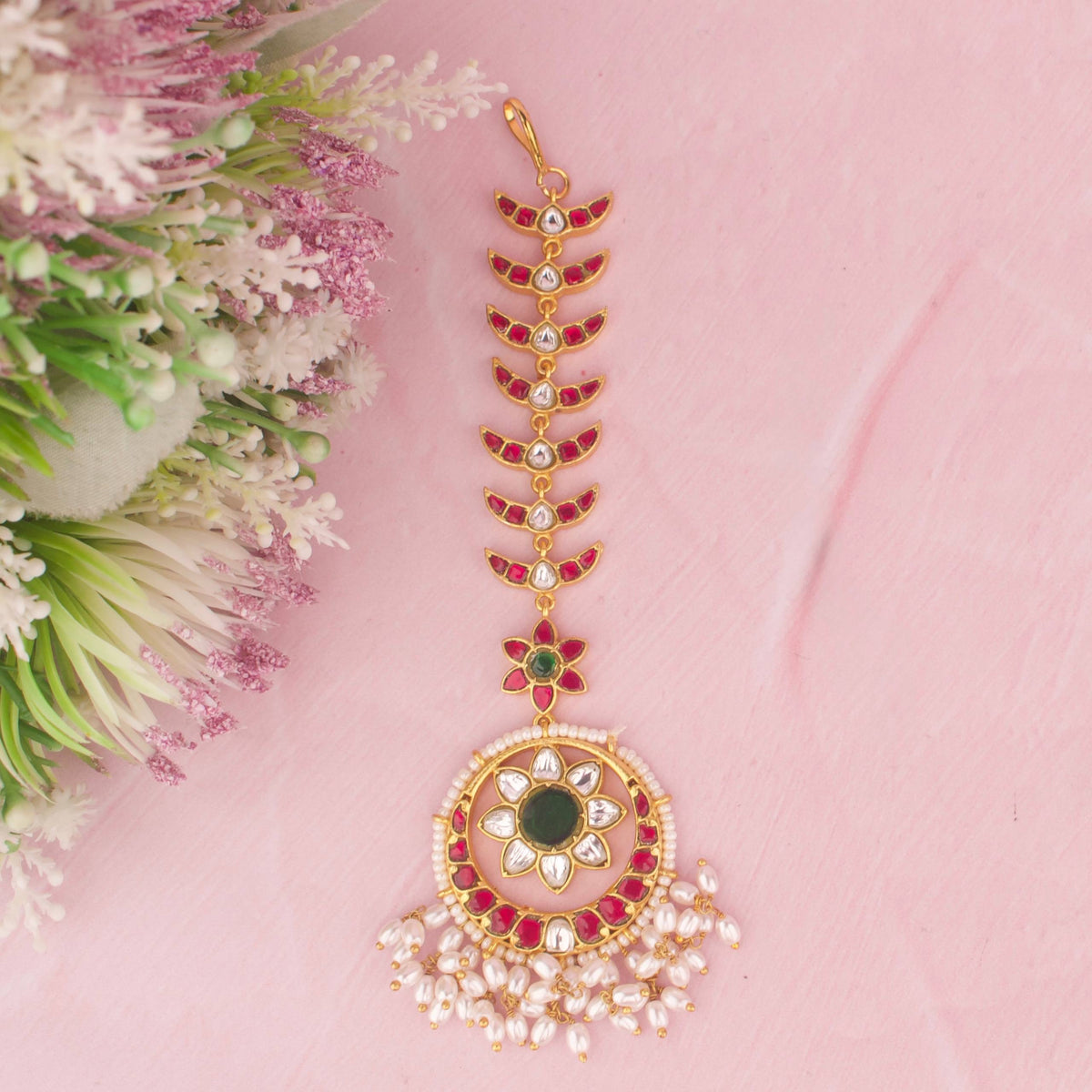 Ethnic Jadau Kundan Maang Tikka With Ricepearl Hangings - Handcrafted Indian Bridal Jewelry by Dulhan Jewels