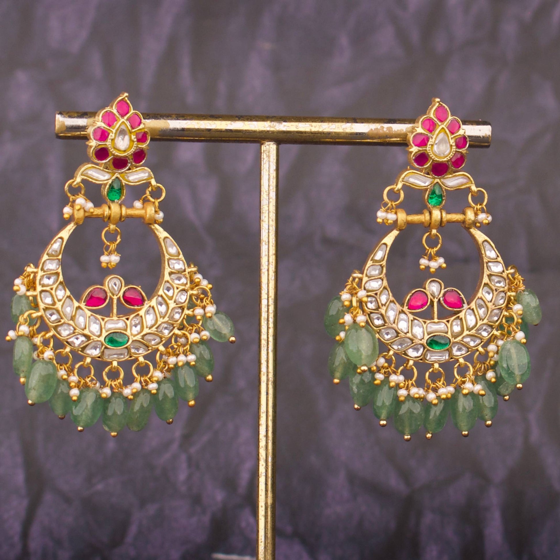 Side view of premium Designer Jadau Kundan Chandbali Earrings With Emerald Beads