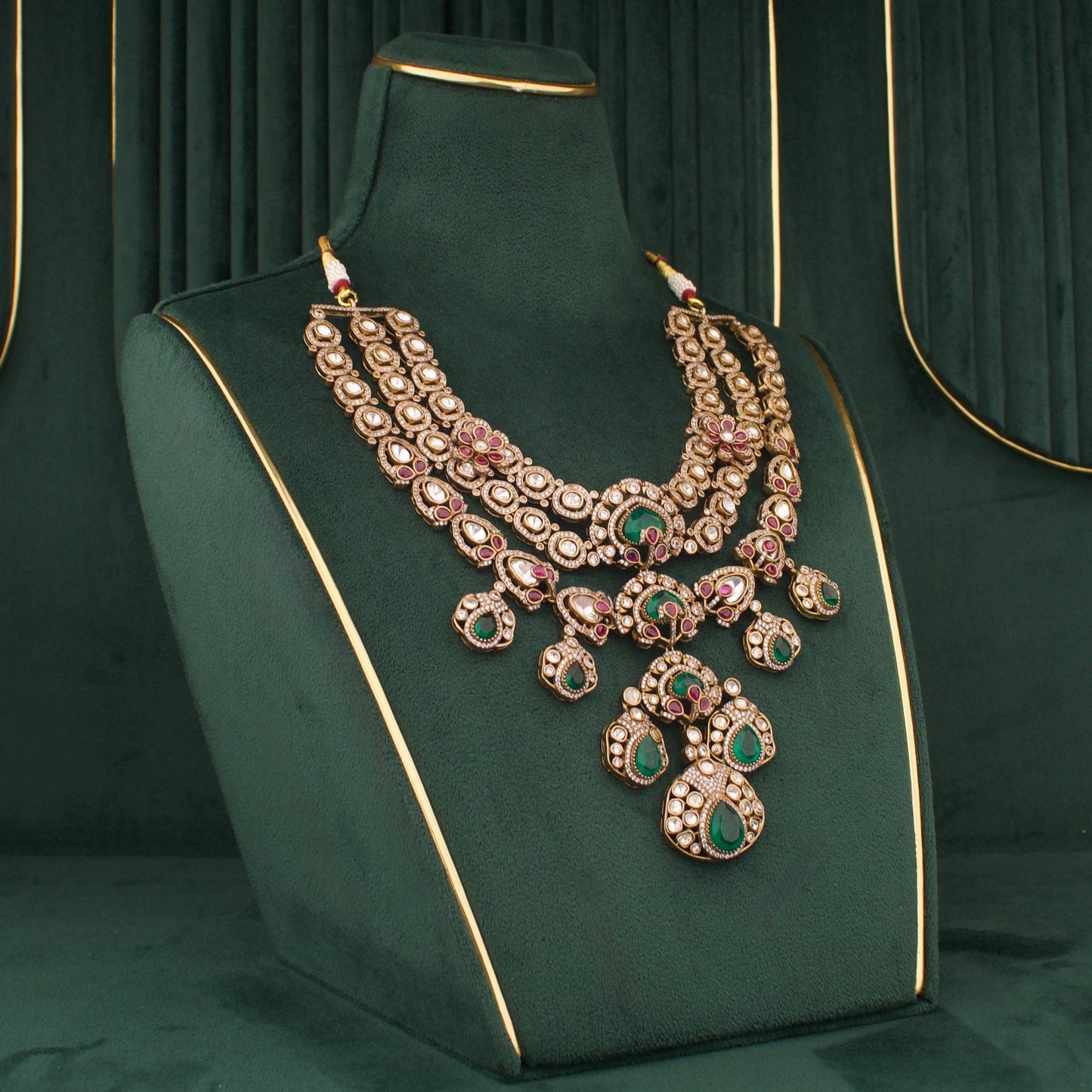 Victorian Ruby Emerald Polki Bridal Statement Necklace Set With Matching Earrings