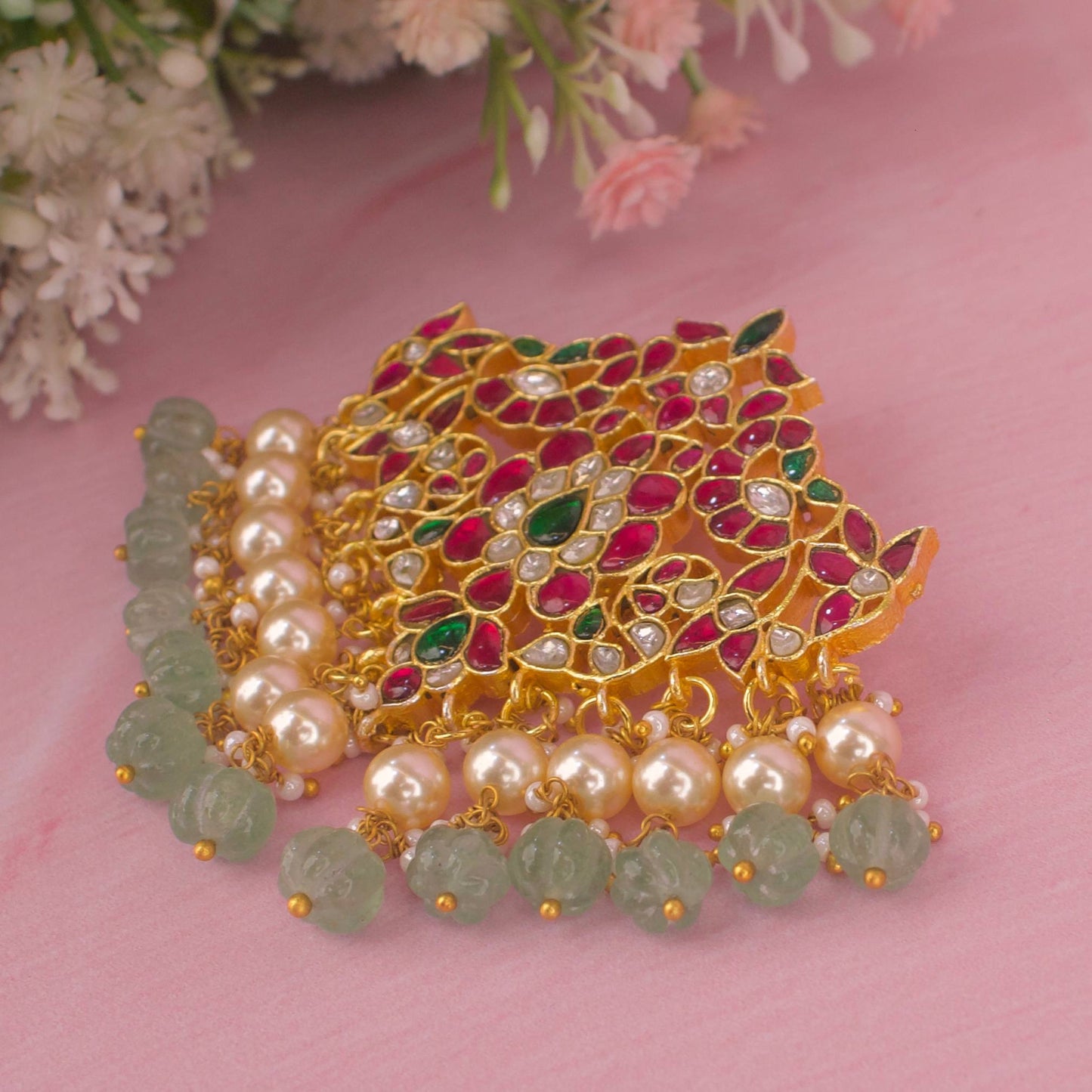Opulent Jadau Kundan Pendant With Pumpkin Beads Hanging