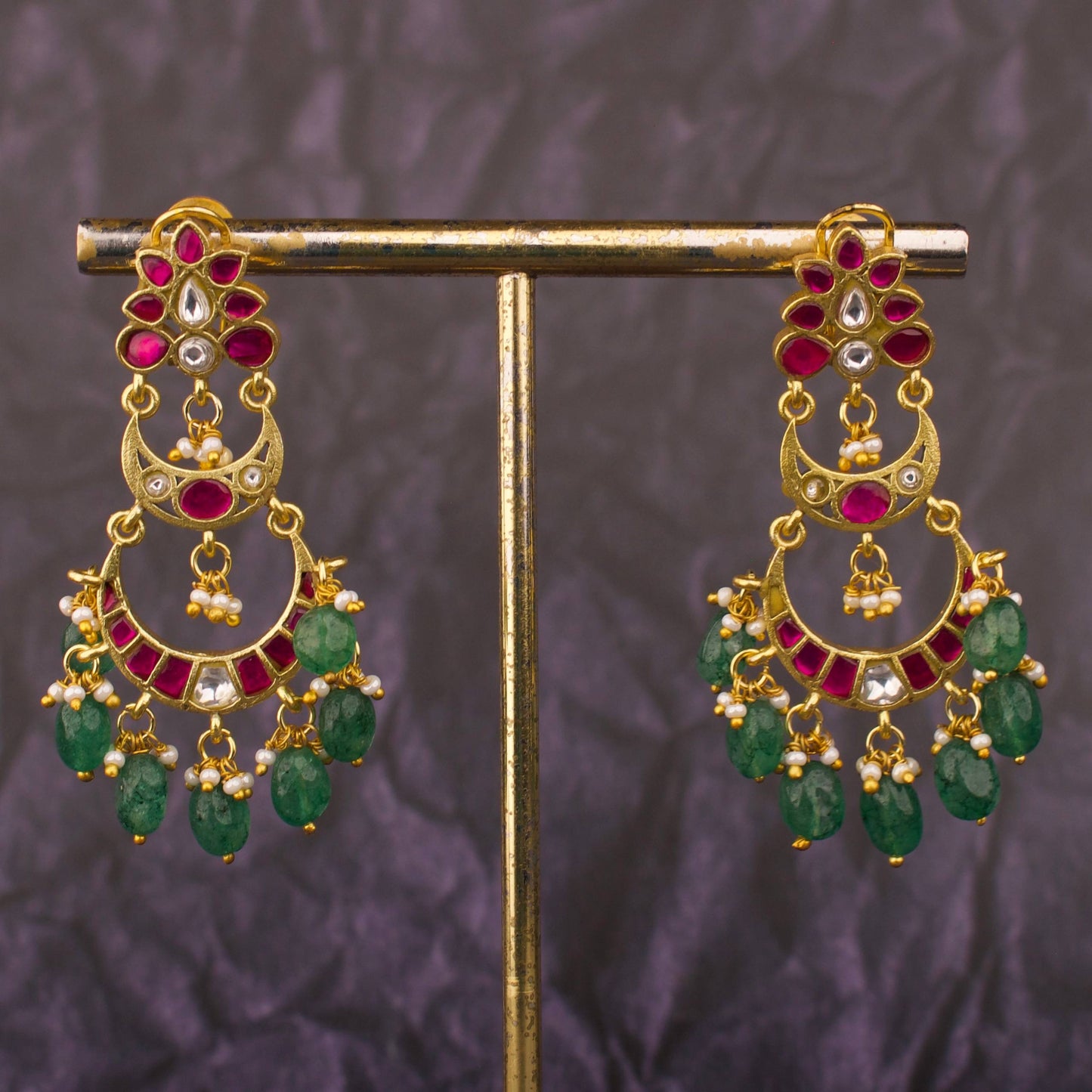 Gold Finish Jadau Kundan Chandbali Earrings With Emerald Drops
