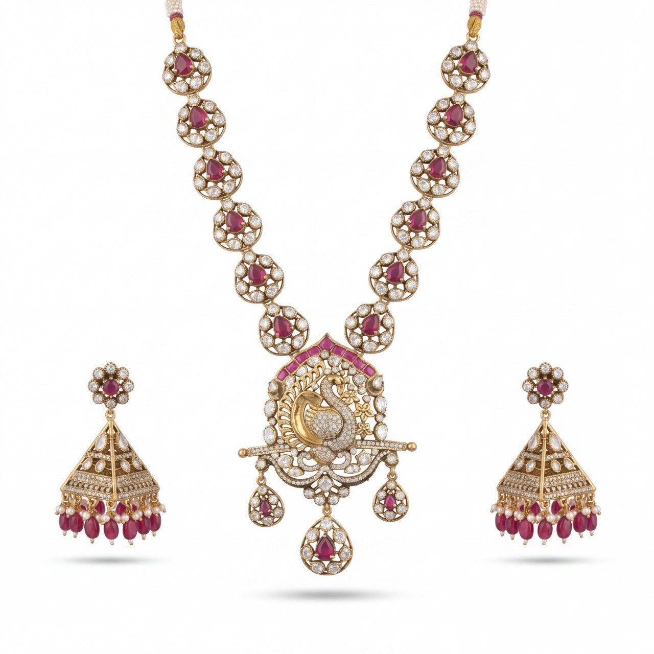 Opulent Victorian Polki Necklace Set with Peacock Motif