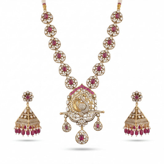Opulent Victorian Polki Necklace Set with Peacock Motif