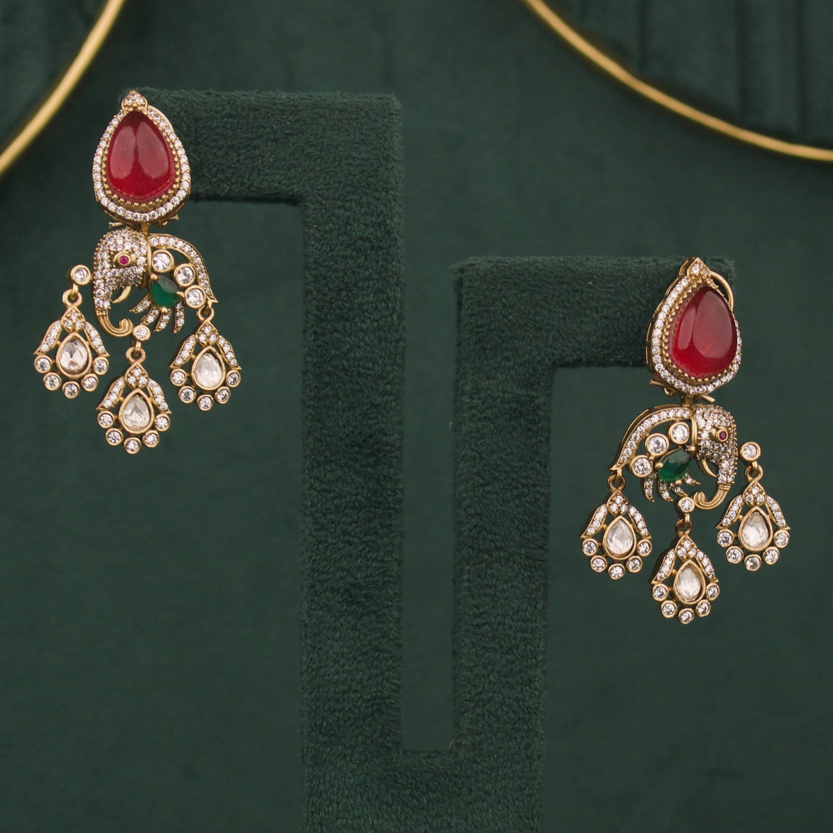 Navratan Victorian Polki Necklace Set With Matching Earrings Styling Angle View 5 - Dulhan Jewels