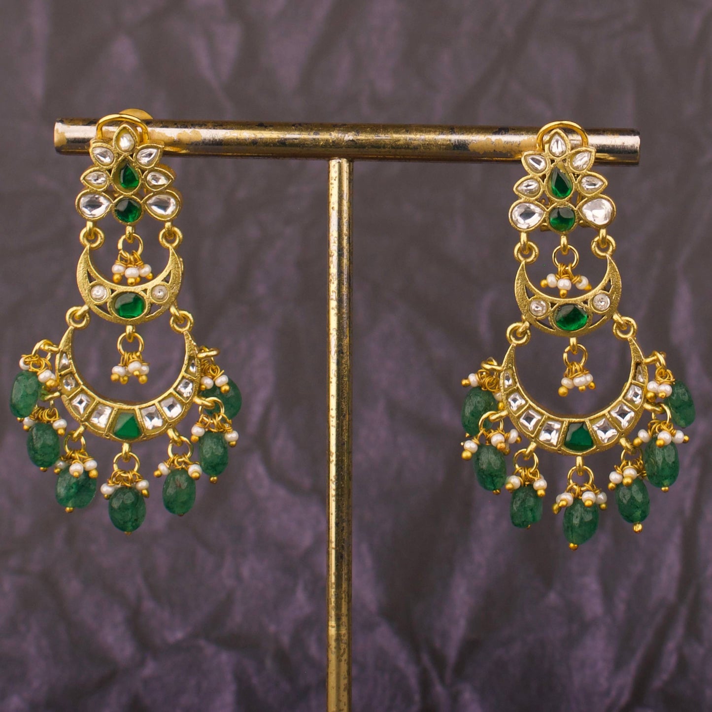 Gold Finish Jadau Kundan Chandbali Earrings With Emerald Drops