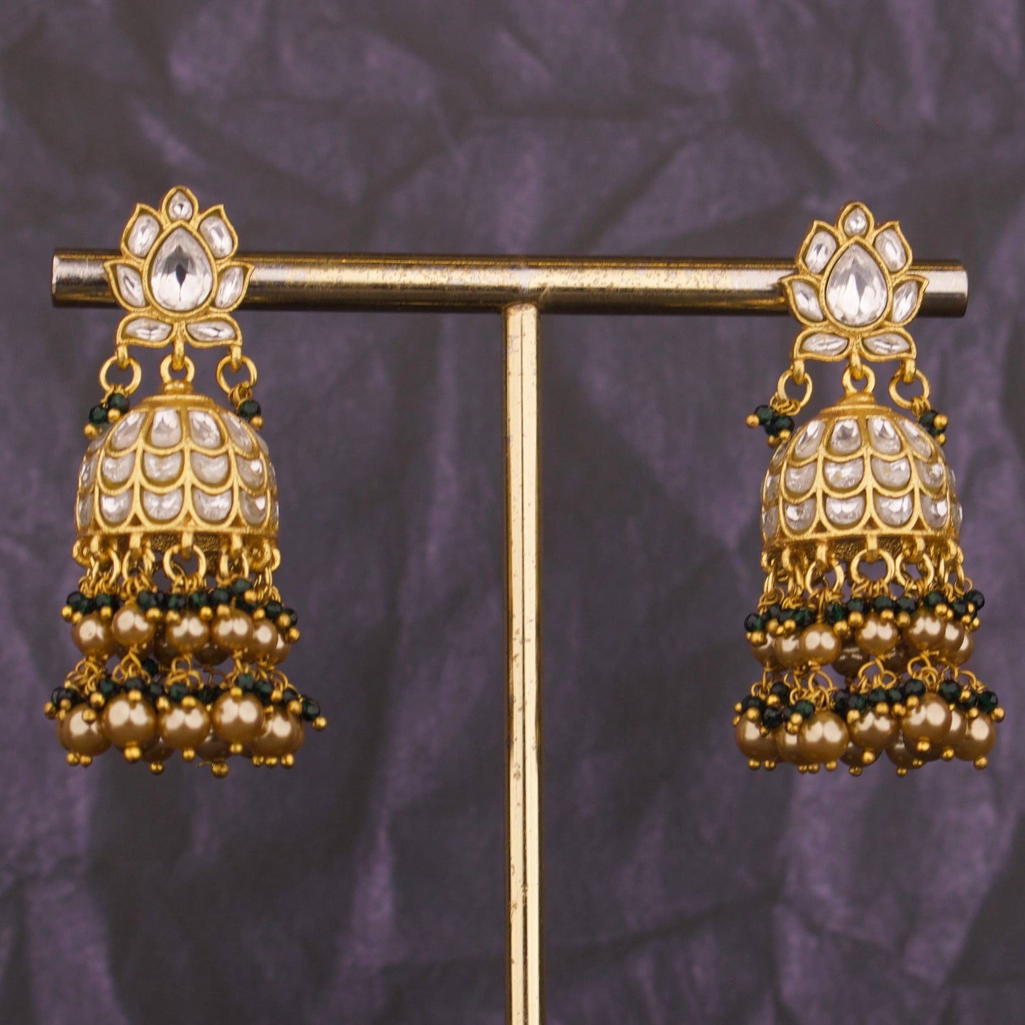 Gold Style Lotus Design Studded Jadau Kundan Jhumki