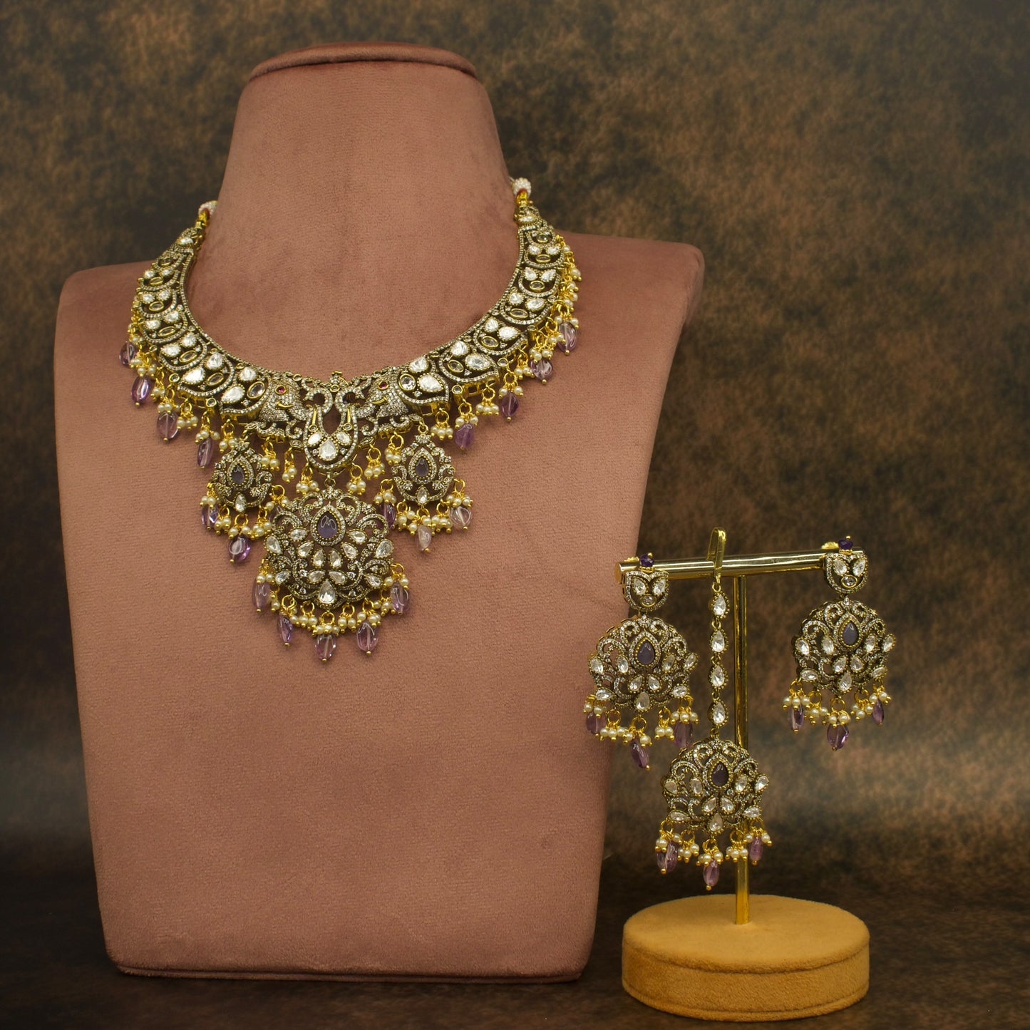 Victorian Polki Opulence Necklace Set with maang tikka