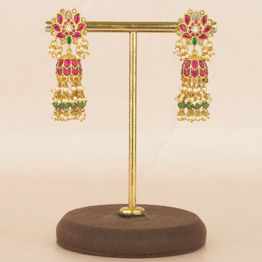 Lotus Studded Jadau Kundan Jhumki With Guttapusalu Hanging
