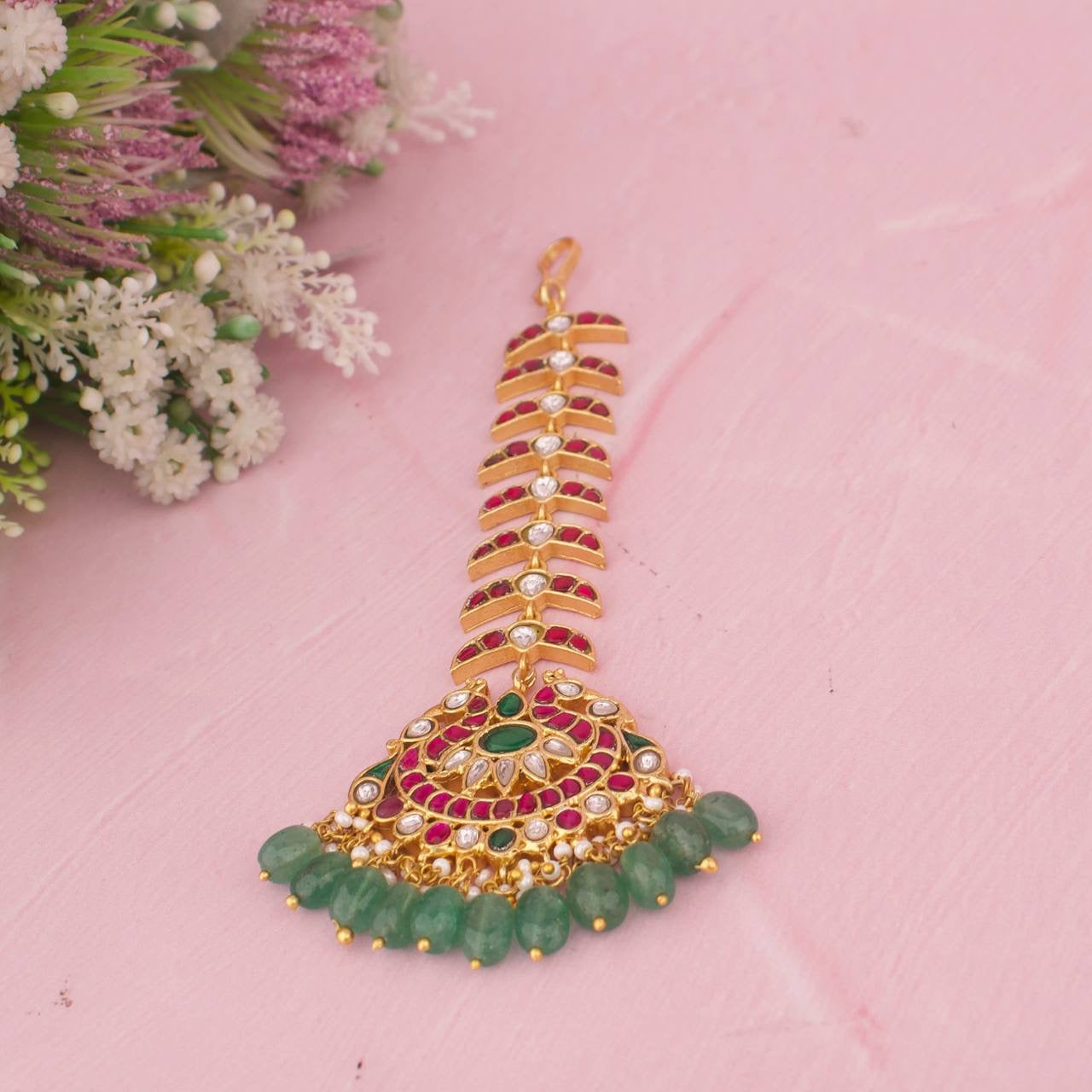 Bridal Long Jadau Kundan Maang Tikka With Beads