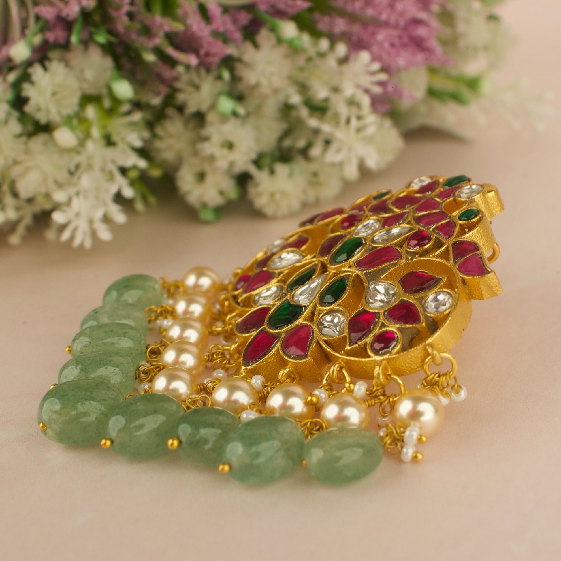 Traditional Peacock Design Jadau Kundan Locket with Swarovski Pearls