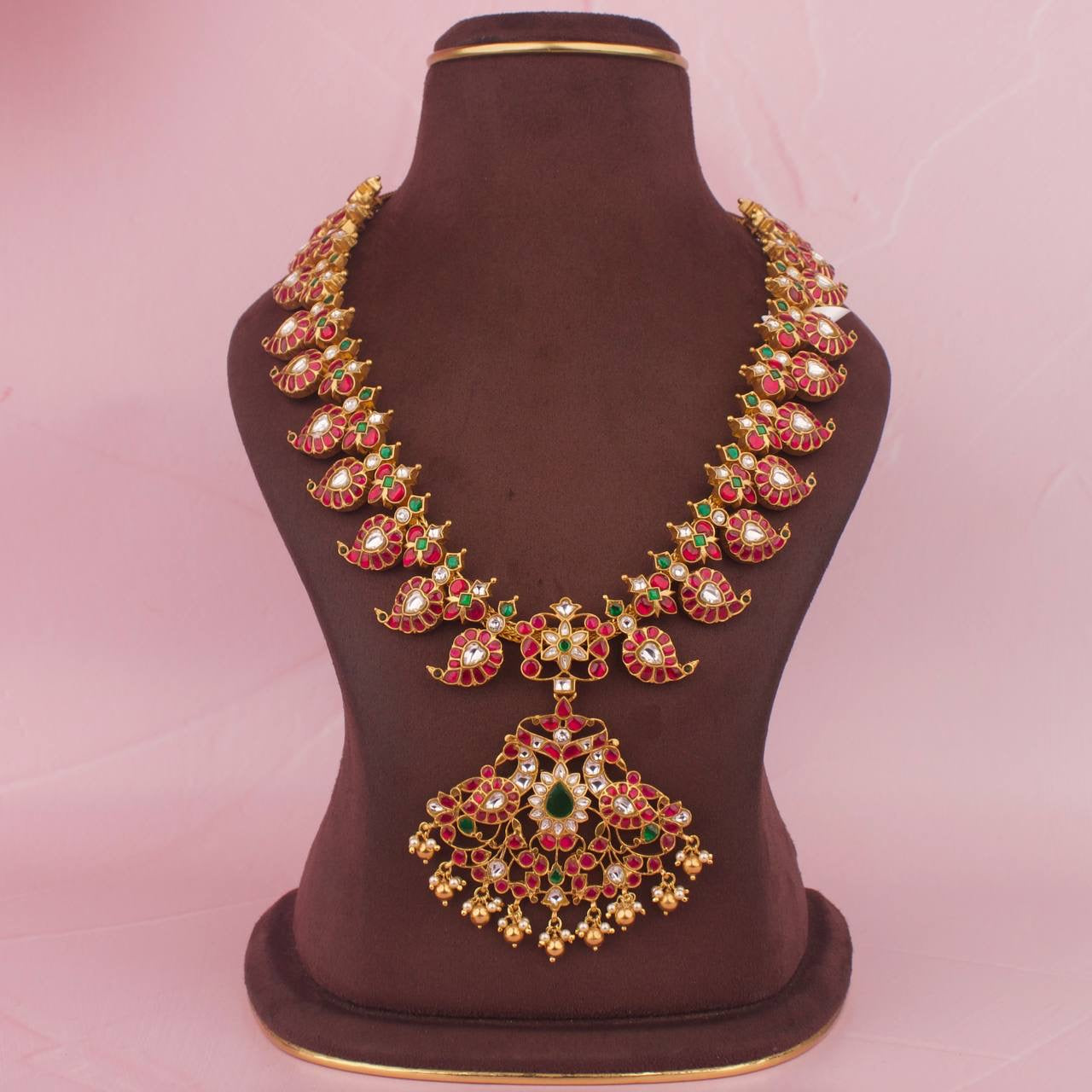 Bridal Traditional Jadau Kundan Long Mango Haram In Pure 925 Silver