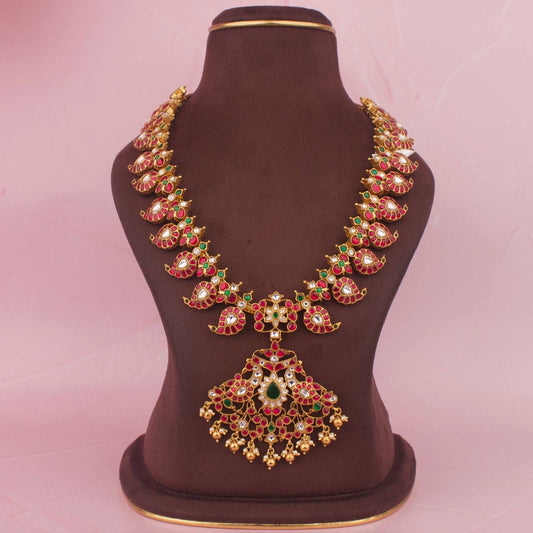 Bridal Traditional Jadau Kundan Long Mango Haram In Pure 925 Silver