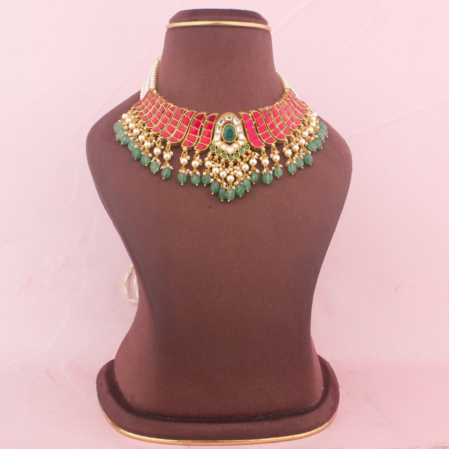 Ethnic Jadau Kundan Necklace Set With Green Beads And Earrings