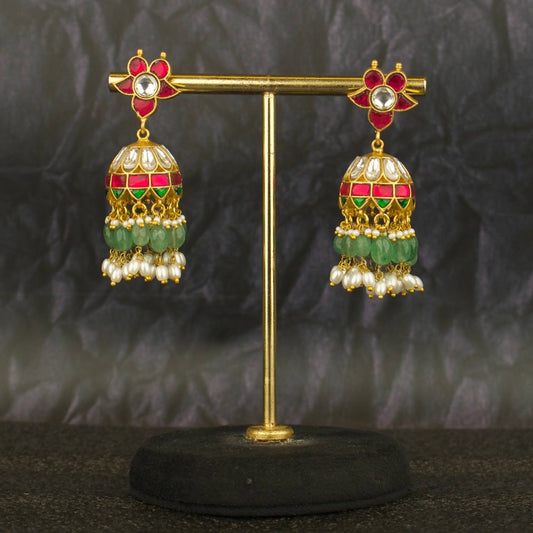 Floral Studded Jadau Kundan Jhumki Earrings With Guttapusalu Hangings