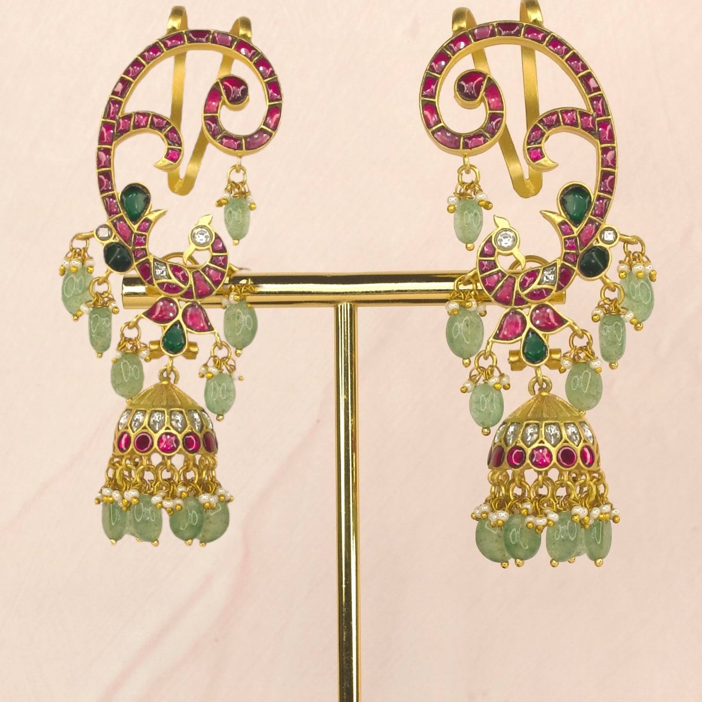 Regal Peacock Earcuff Jadau Kundan Jhumkas with Emerald Beads