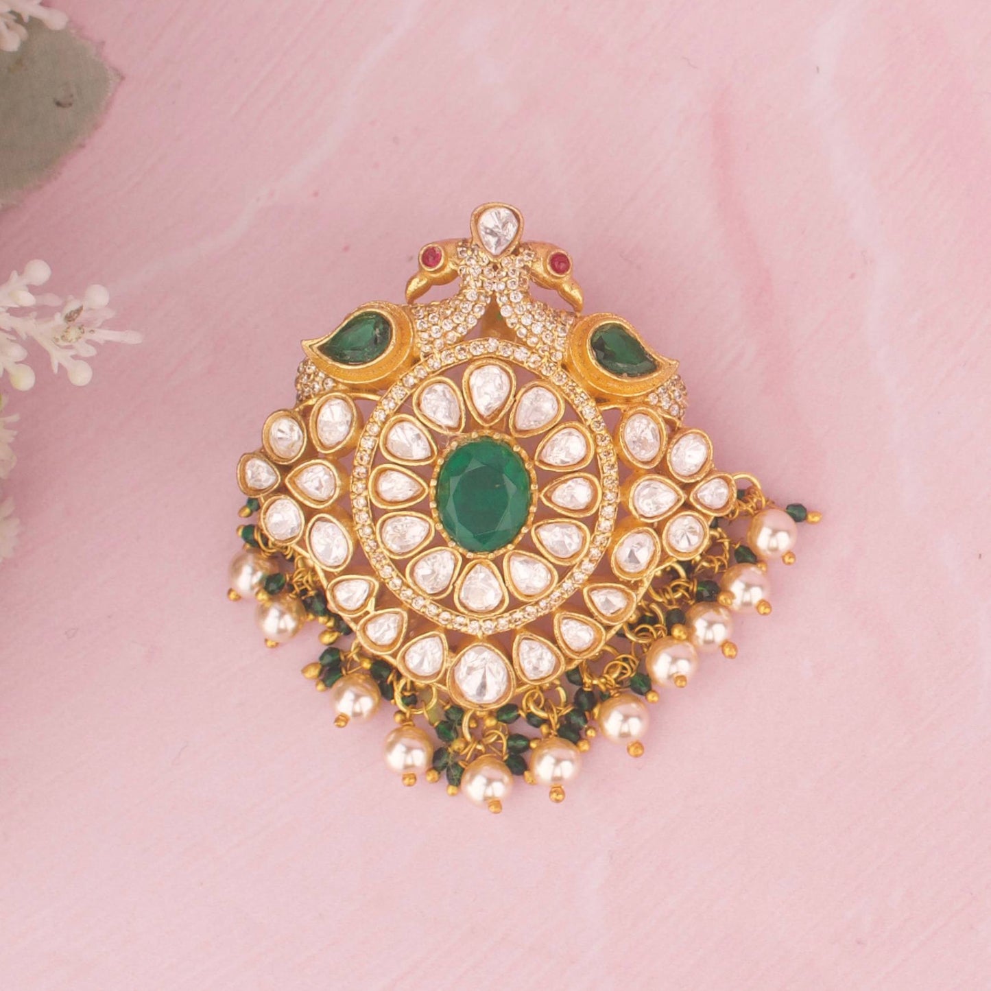 Royal Polki Pendant With Green Emerald And Pearl Drops