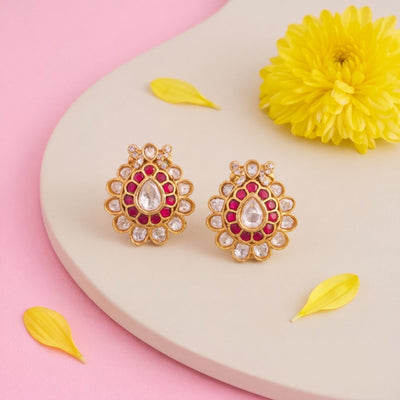 Radiant Ruby Jadau Kundan Stud Earrings - Handcrafted Indian Bridal Jewelry by Dulhan Jewels