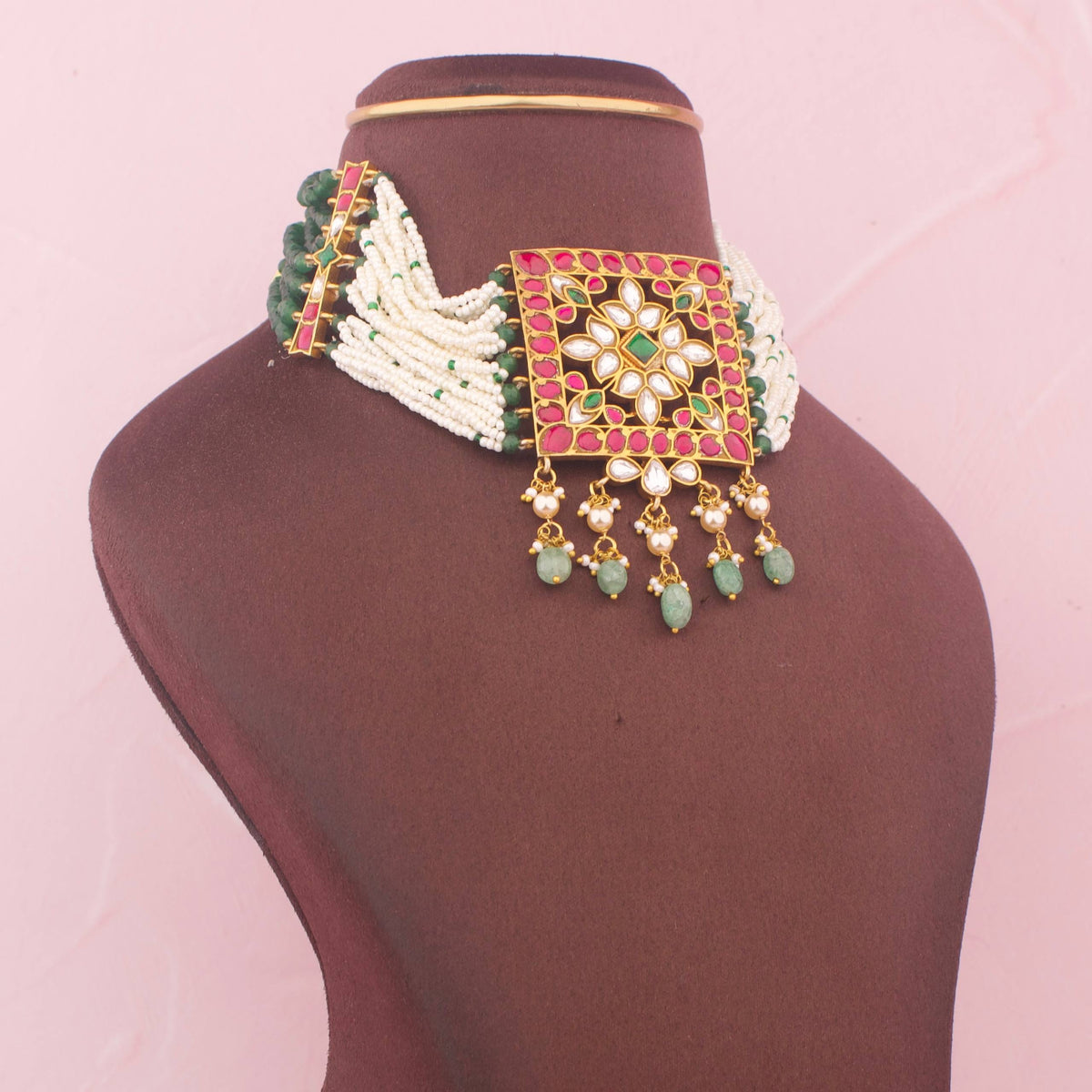 Elegant Jadau Kundan Choker With Green Drops
