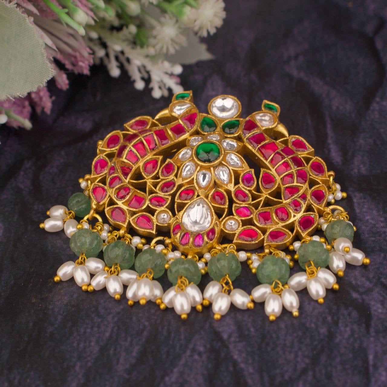 Floral Peacock Design Jadau Kundan Locket With Guttapusalu Hangings