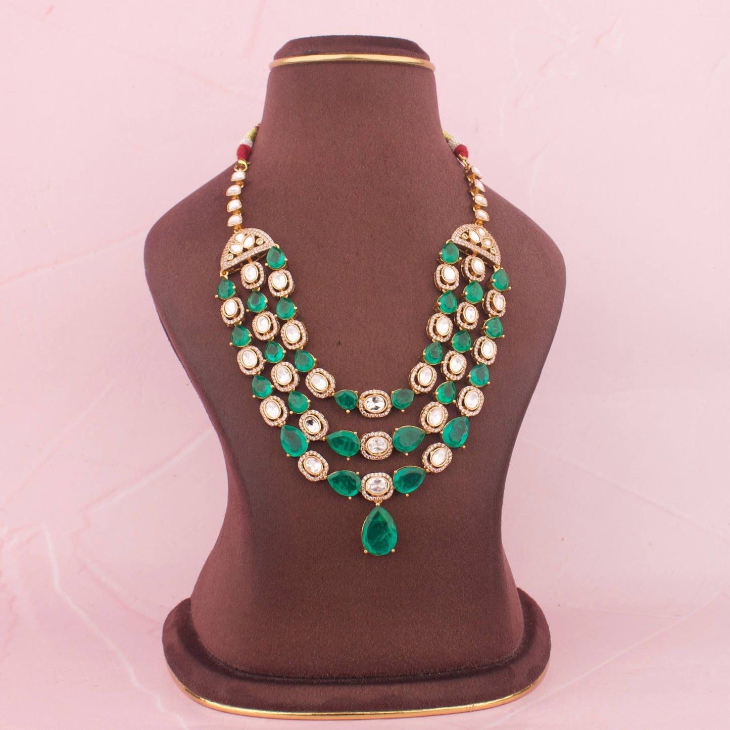 Designer Moissanite Polki Necklace Set With Emerald Stone Highlights