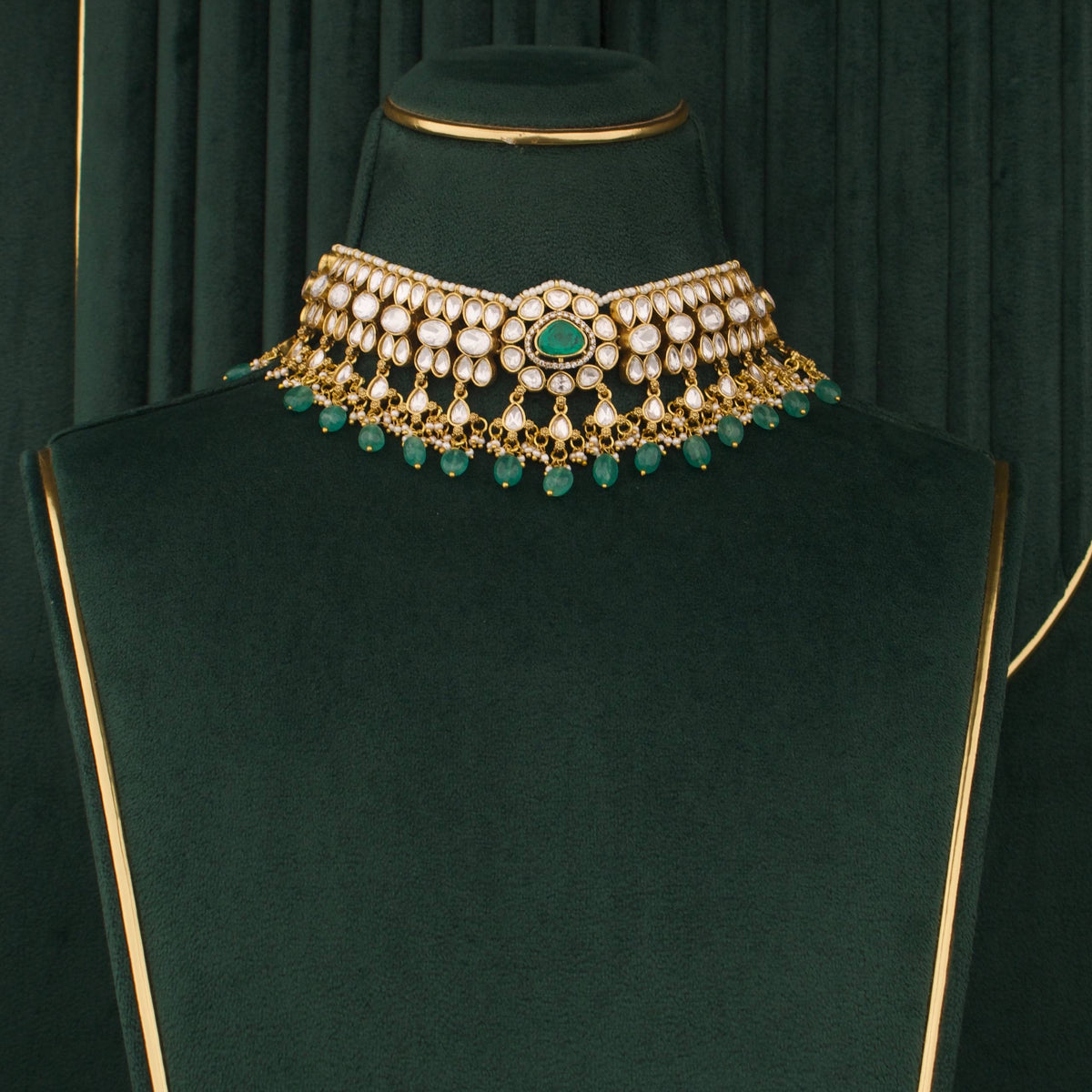 Radiant Victorian Polki Choker With Beads Hangings And Matching Earrings