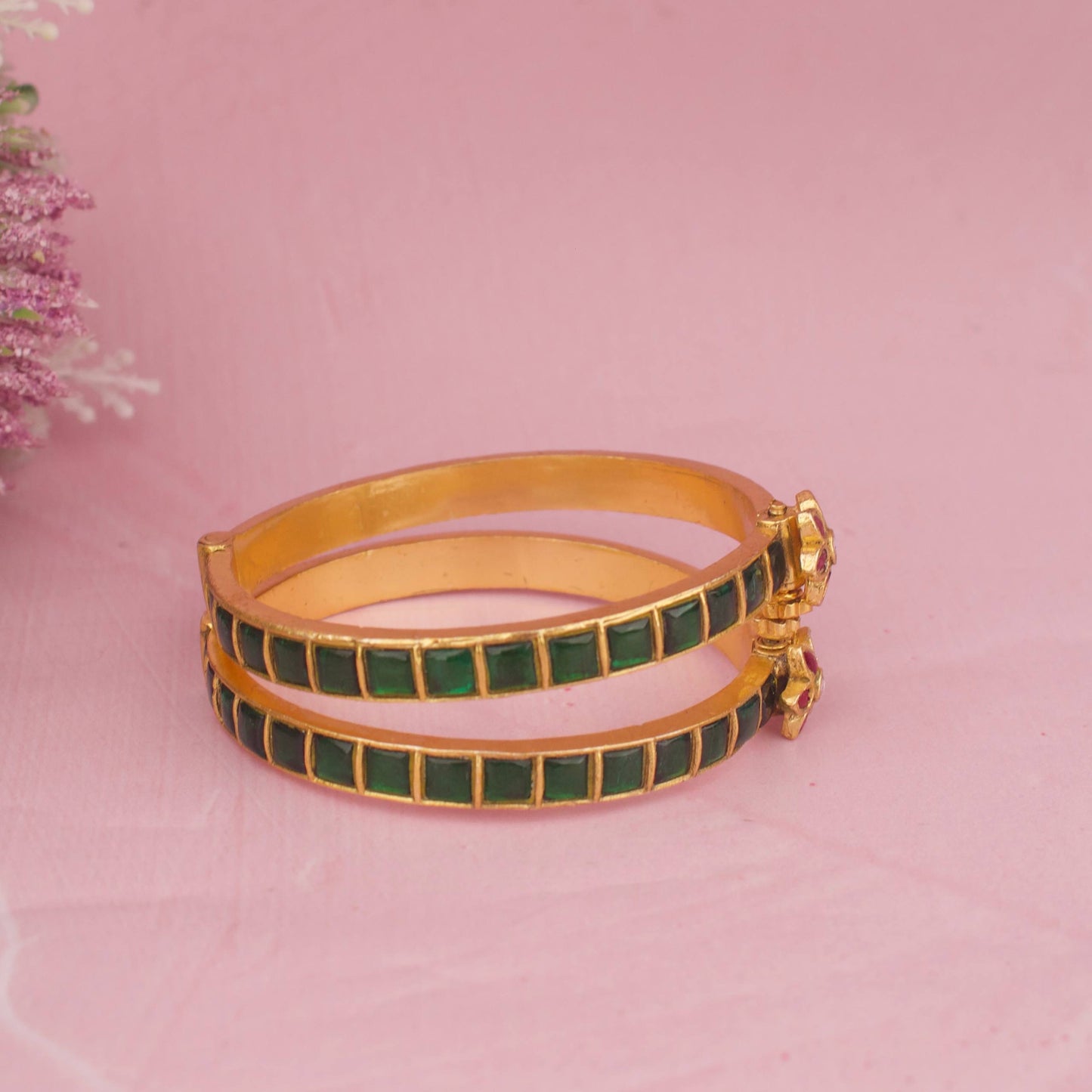 Gold Finish Jadau Kundan Bangles With Floral Center Motif