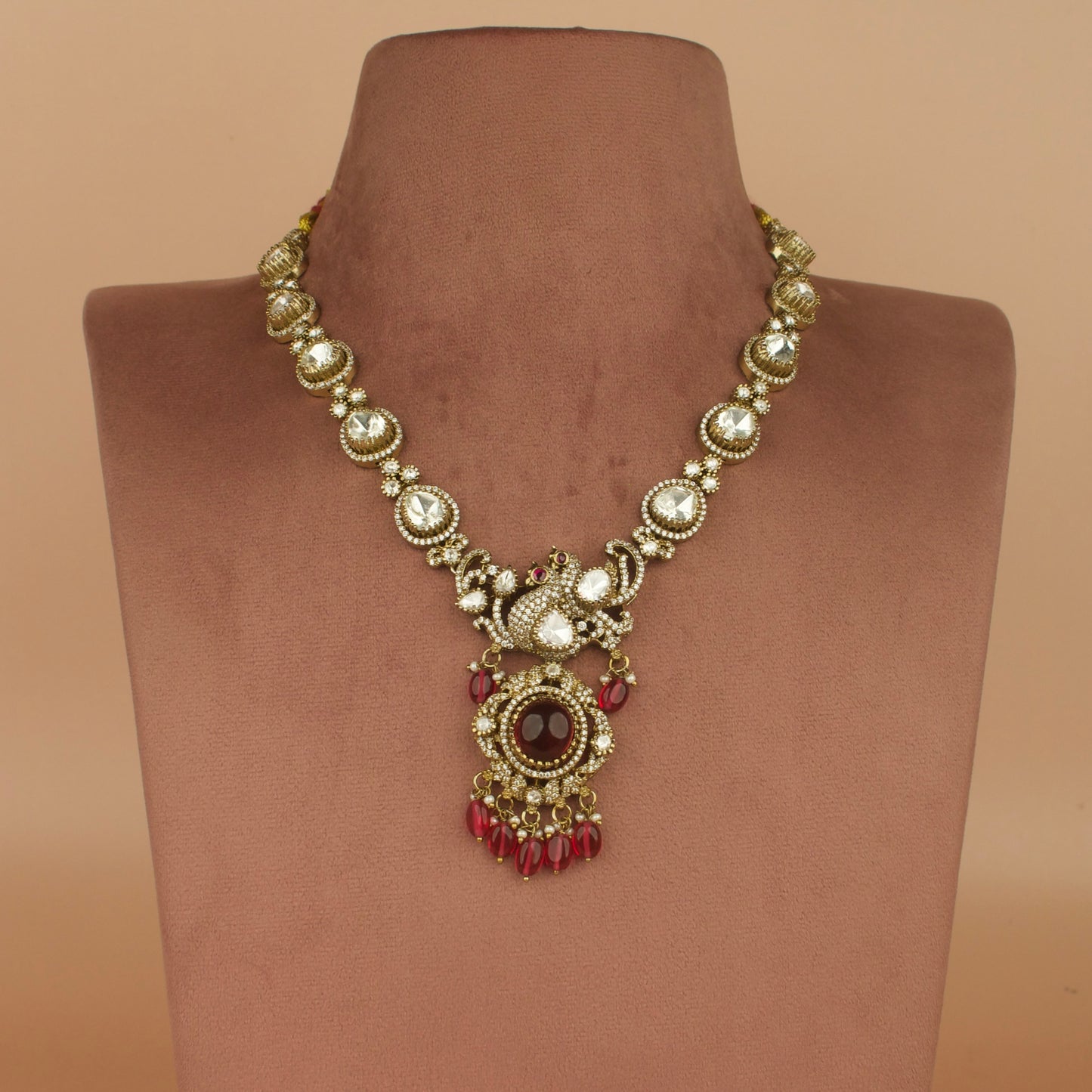 Royal Grandeur: Victorian Polki Necklace Set with Gemstone Accents with high quality Victorian finish 