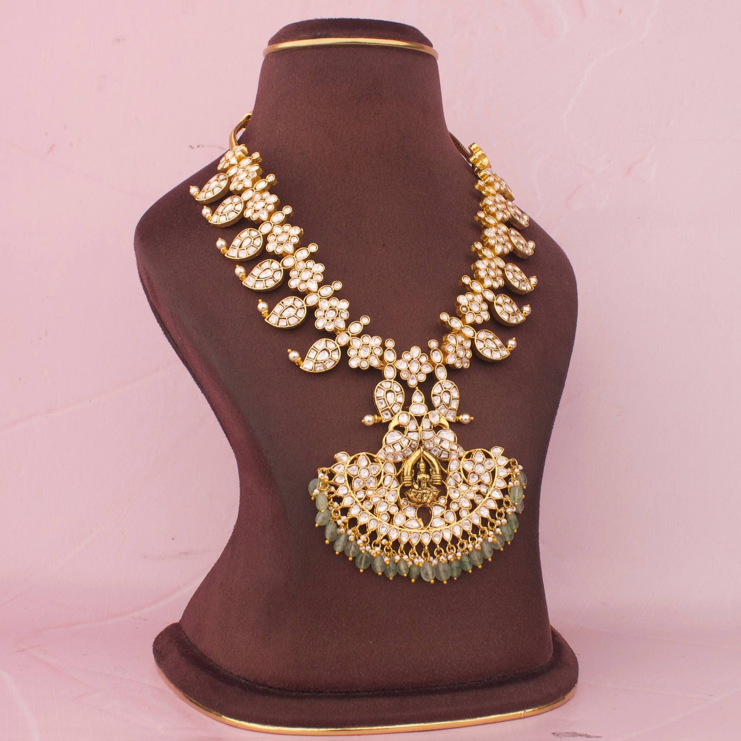South Indian Mossanite Mango Necklace Set with Green Drops