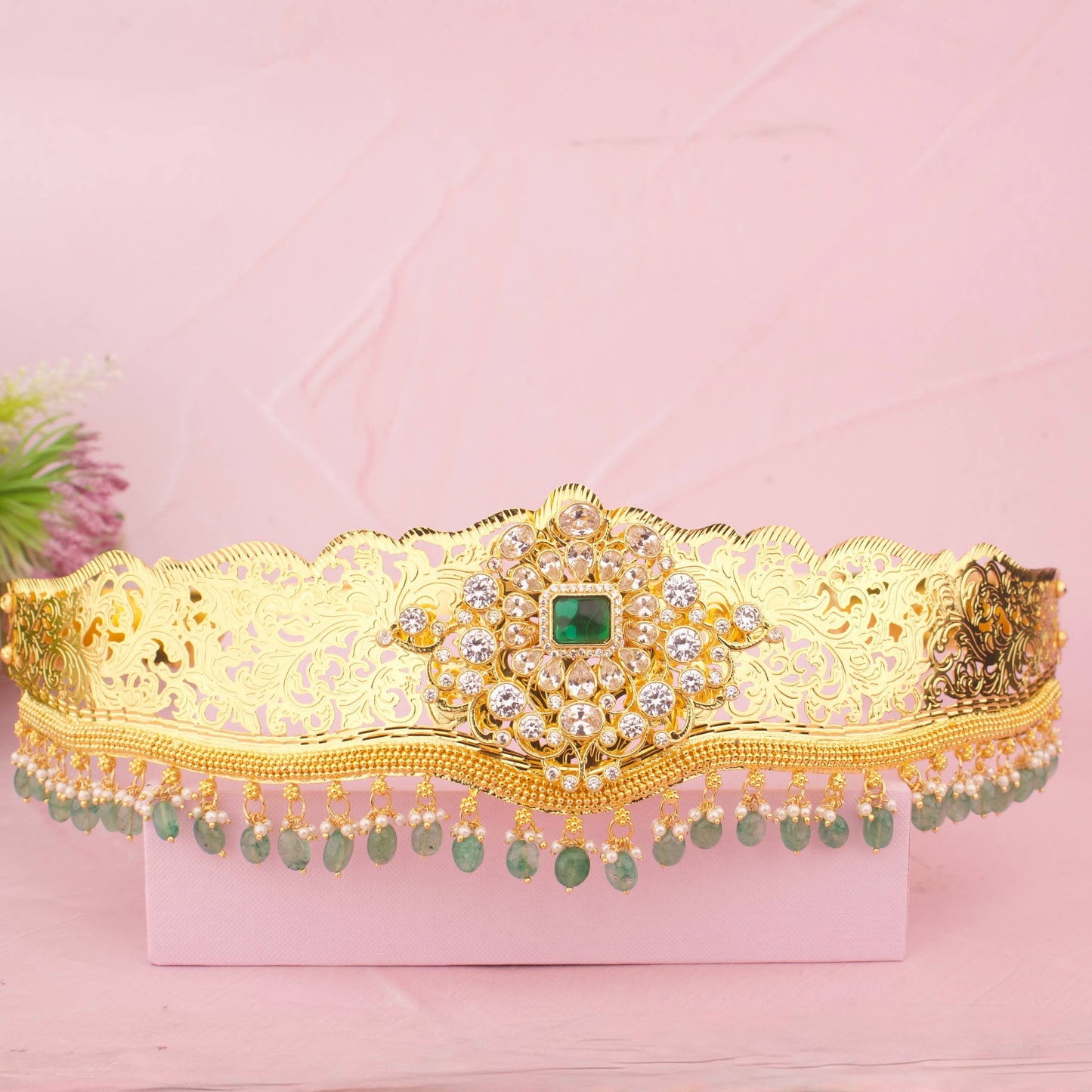 Traditional Jadau Kundan Hip Belt With Green Hangings